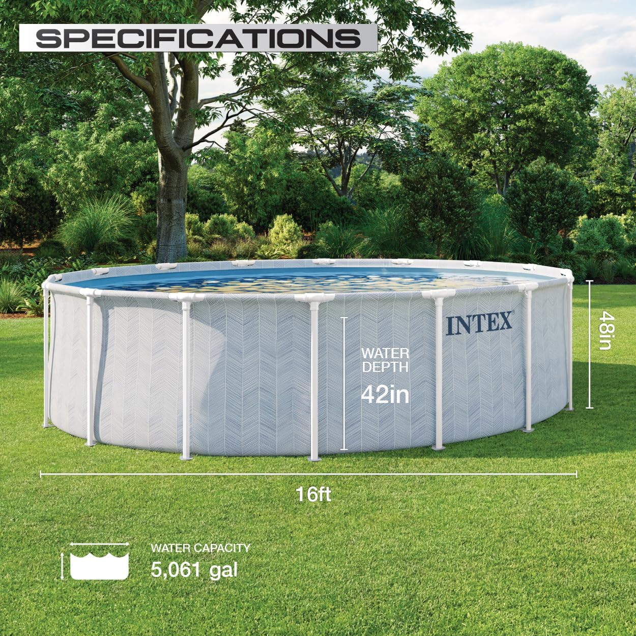 INTEX 26745EP 16ft X 48in Chevron Prism Frame Premium Above Ground Swimming Pool Set with 1500 GPH Filter Pump, Removable Ladder, Ground Cloth, Pool Cover