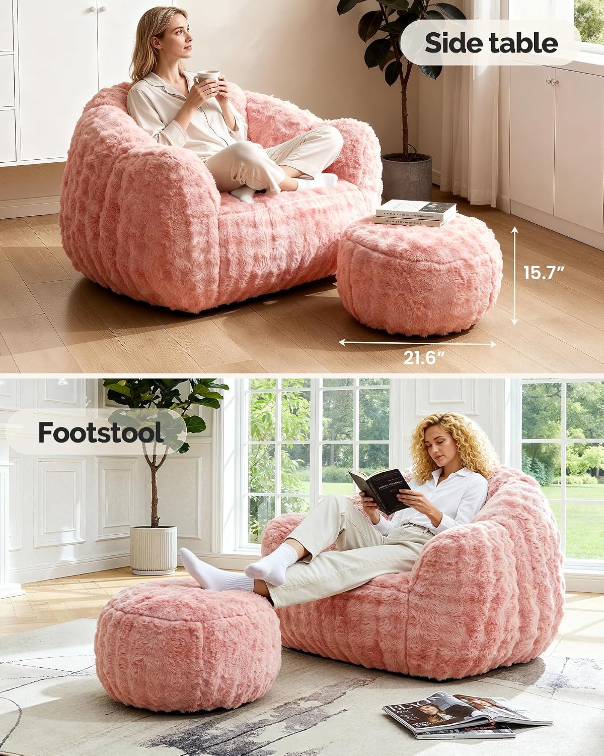 KINGYES Giant Bean Bag Chair with Ottoman, 3 in 1 Bean Bag Couch with Memory Foam Filler,Gaming Chair for Adults, Bean Bag for Kids & Teen, Pink