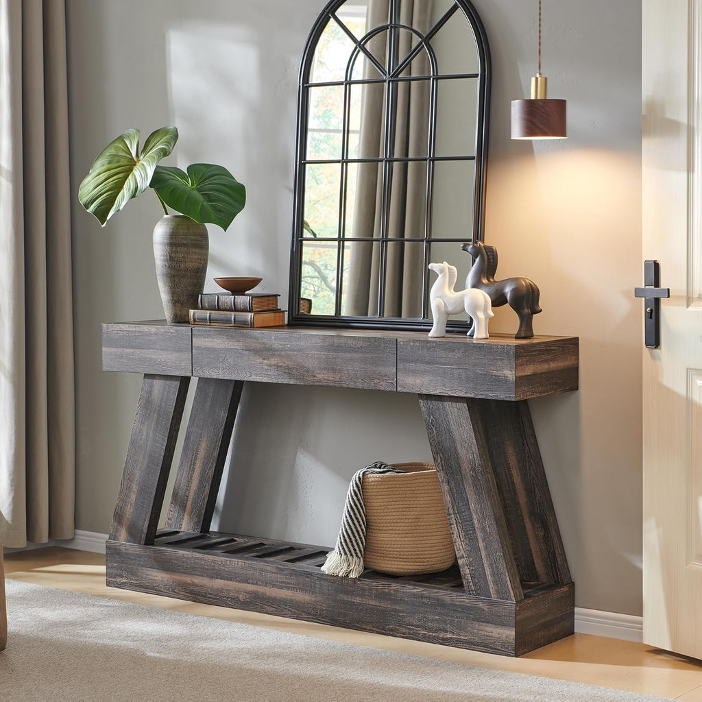 60' Farmhouse Entryway Table with Drawer, Entry Table with Storage, Sofa Table for Living Room, Behind Couch, Sofa(Dark Rustic Oak)