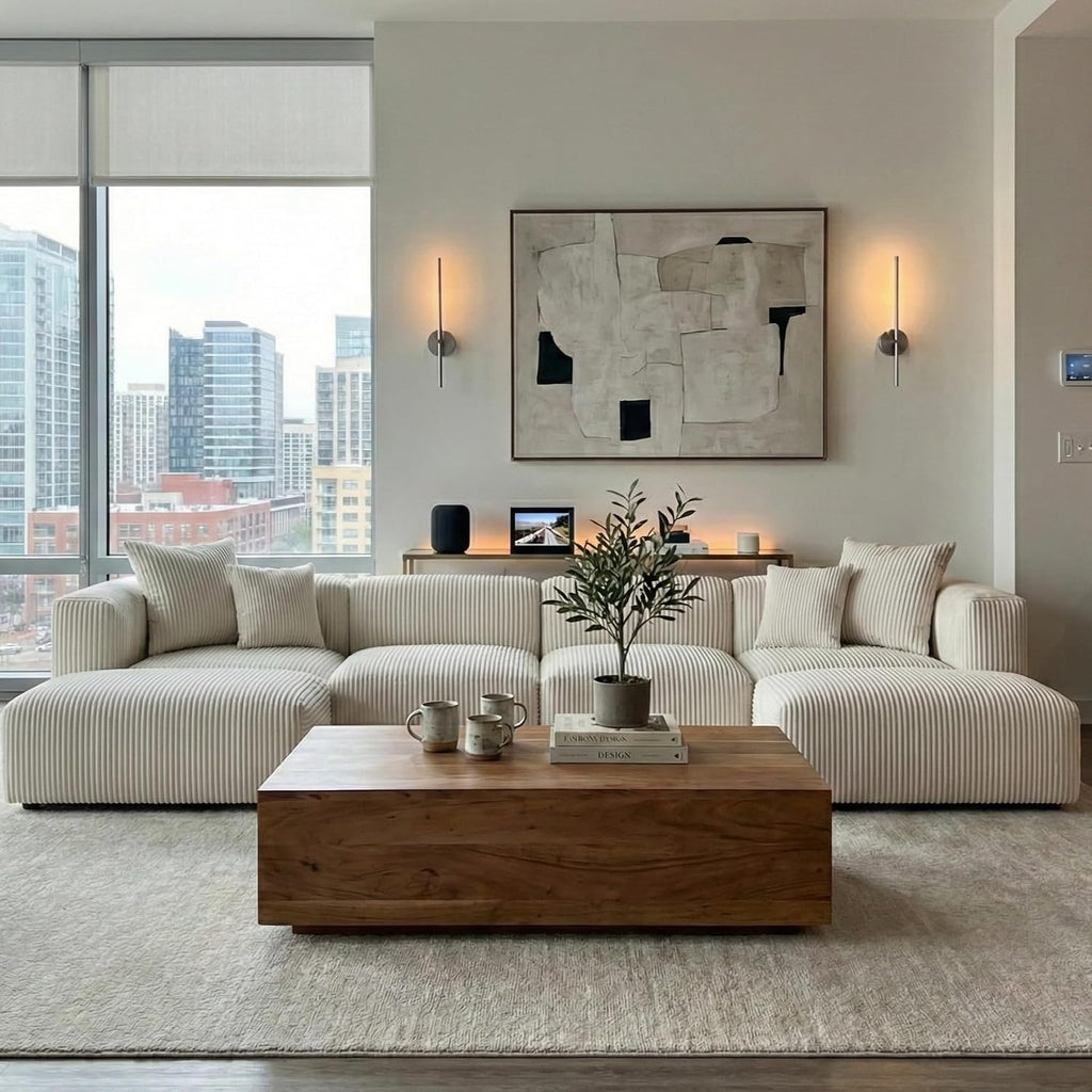 Acanva Convertible Modular Sectional Sofa with Movable Ottomans, Free Combination Corduroy Couch for Living Room Apartments, U-Shaped, White