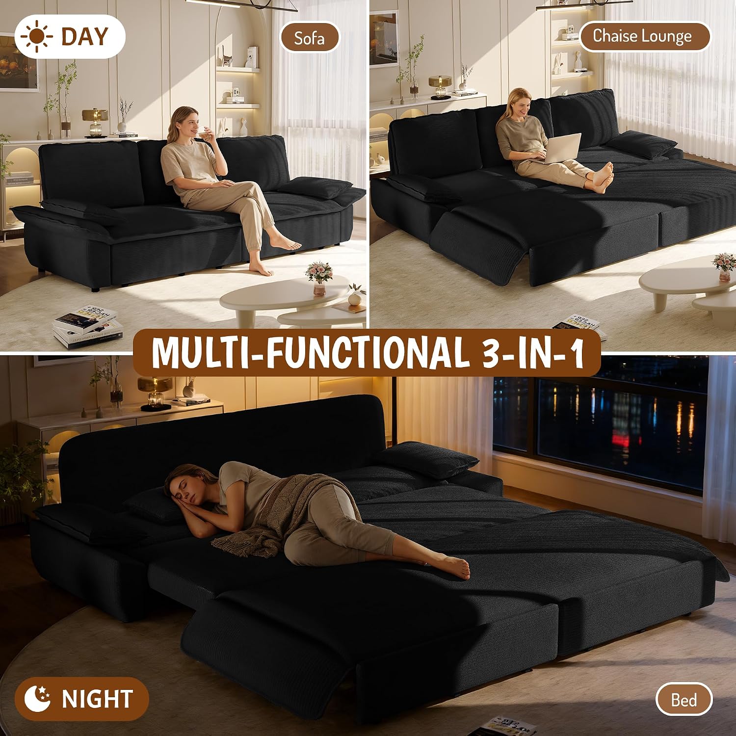 94.5'' King Size Sleeper Sofa Bed, 3-in-1 Corduroy 3-Seater Sofabed, Pull-Out Couch, Upholstered Cloud Pullout Futon, Space Saving for Living Room, Black