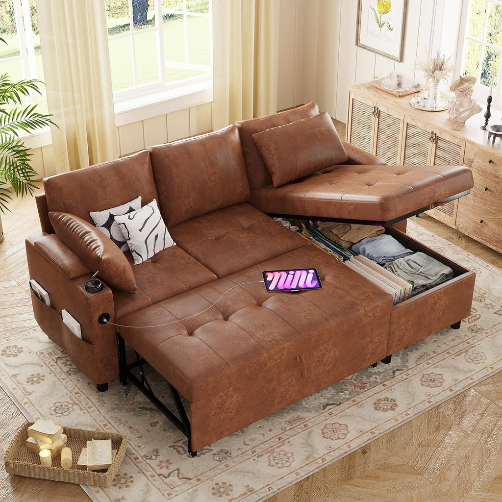 Esright Sleeper Sofa Bed, 3-in-1 Pull Out Couch with Reversible Chaise, Leather Sleeper Sofa with Storage, USB, Cup Holder, Pullout Sectional Couches for Apartment Living Room, Brown