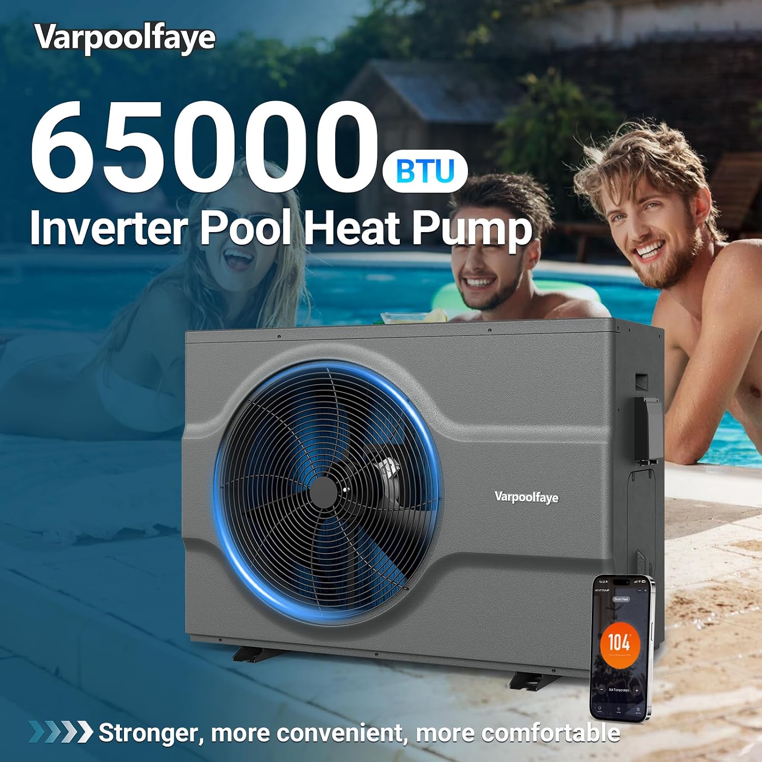 65,000 BTU Inverter Swimming Pool Heat Pump for In Ground Pools 21,000 Gallons Electric Pool Heater for Above Ground Pool Heating Cooling WiFi Control 220v