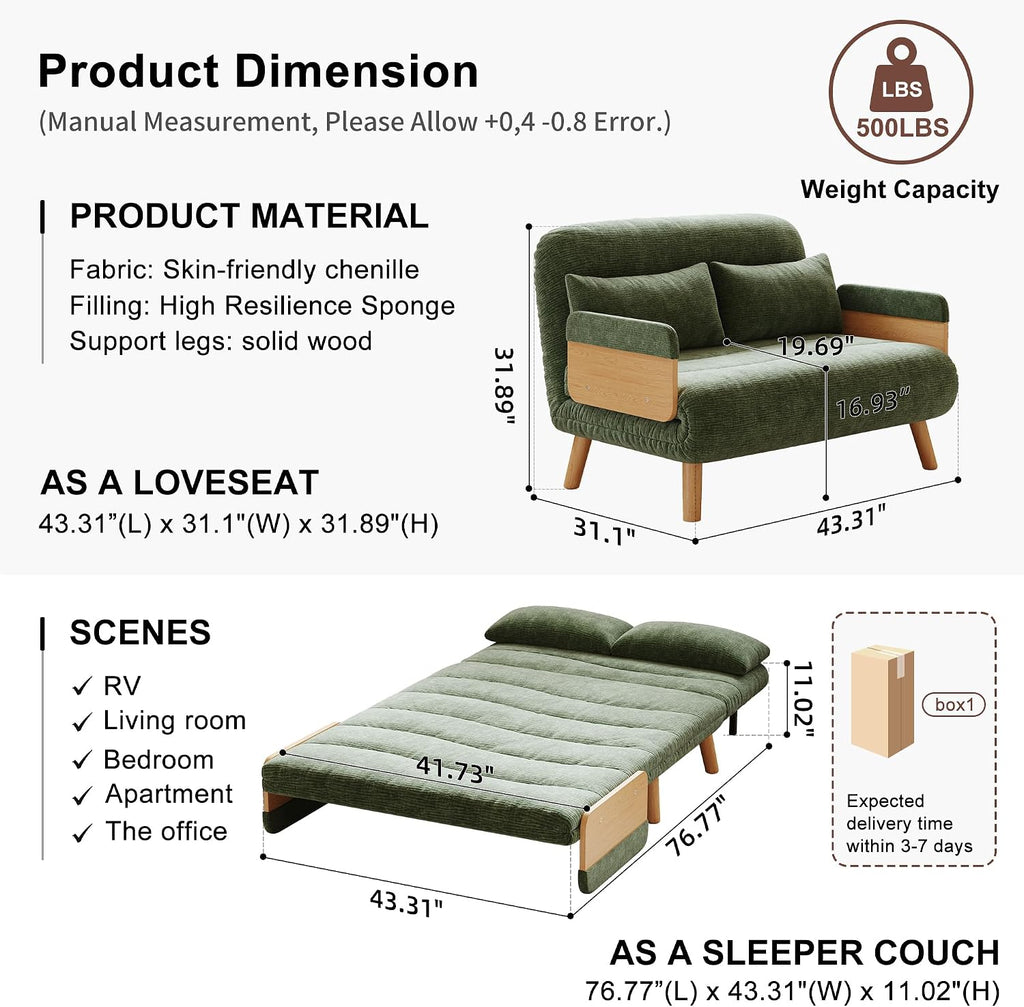 Sleeper Convertible Sofa Bed, 3-in-1 Folding Sofa Bed Chair with Adjustable Backrest, Thick Cushioned Seat, futon Sofa Bed for Small Spaces,Bedrooms & Offices(43.31)