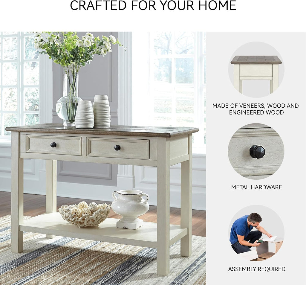 Signature Design by Ashley Bolanburg Sofa Table, Two‑Tone Wood Console With Drawers, Antique Finish With Metal Hardware, Ideal for Entryway or Living Room Display, Antique White