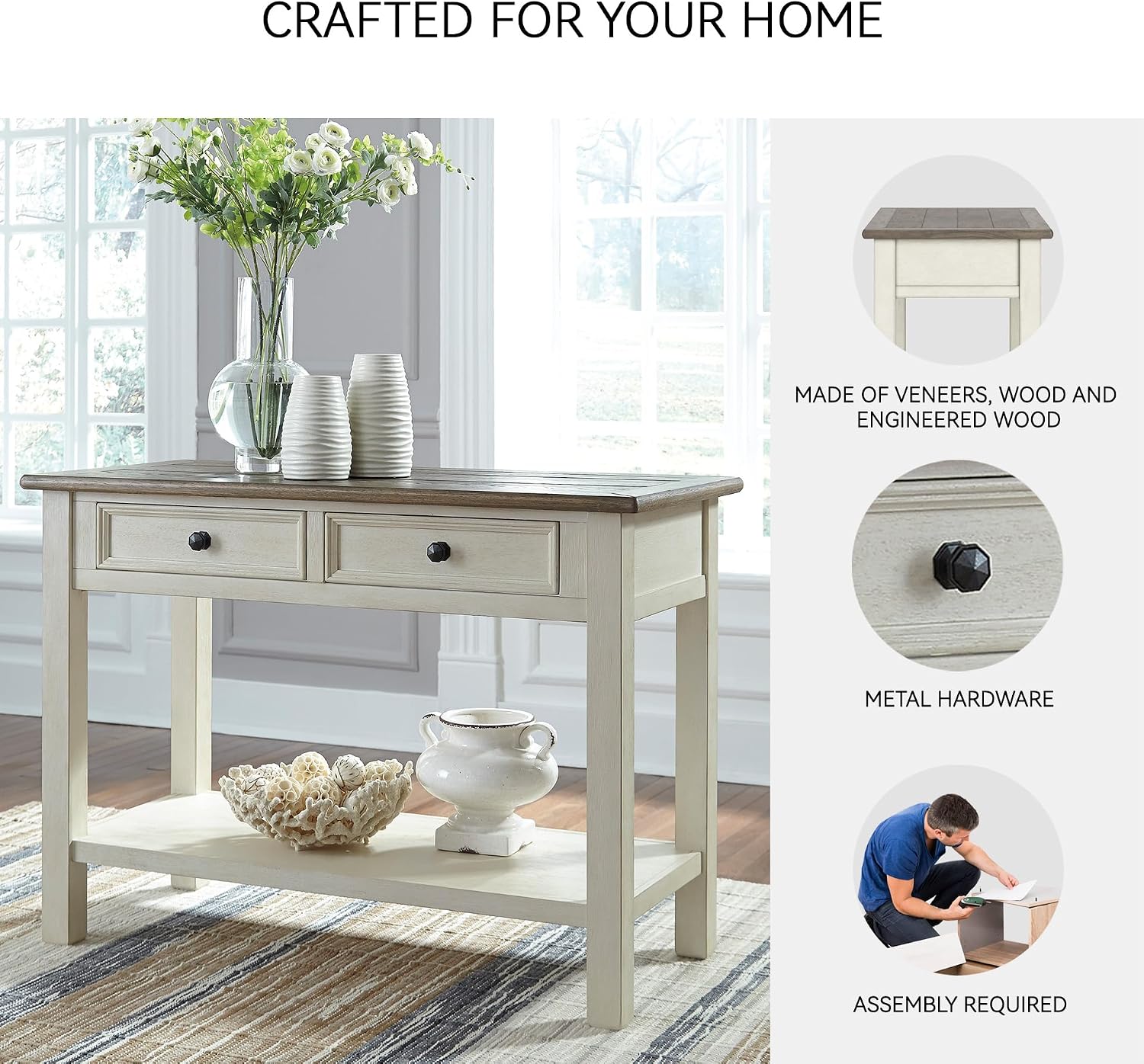 Signature Design by Ashley Bolanburg Sofa Table, Two‑Tone Wood Console With Drawers, Antique Finish With Metal Hardware, Ideal for Entryway or Living Room Display, Antique White