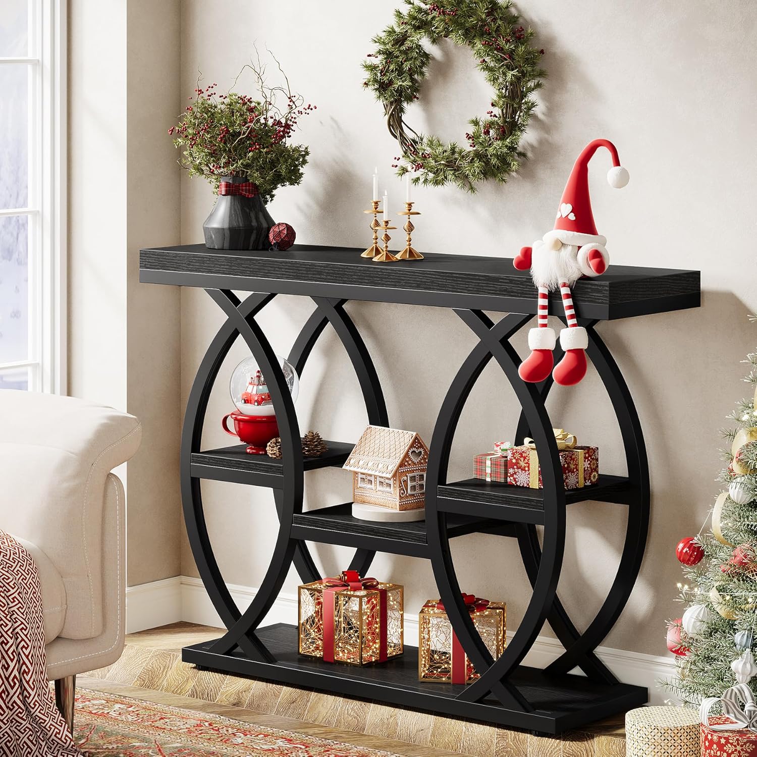 Tribesigns 39.4' Console Table, Industrial 4-Tier Sofa Table Entryway Table with Storage Shelves, Narrow Wood Accent Tables with Metal Frame for Small Spaces, Hallway, Foyer, Black