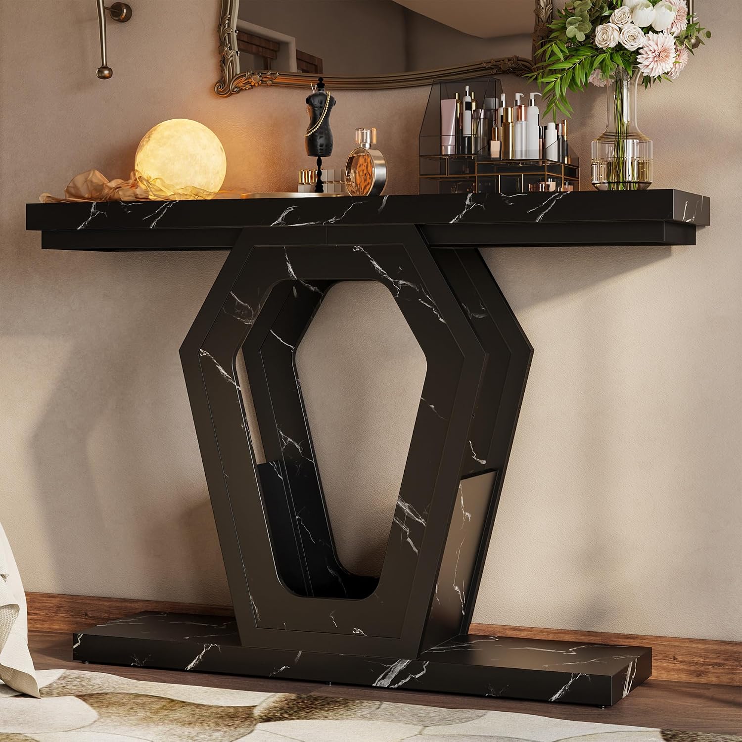 FUSUNBAO 47.3' Console Table,Openwork Bracket Sofa Table, Wood Narrow Entryway Table for Hallway, Behind The Couch, Living Room, Foyer, Easy Assembly (Black Marble Texture)