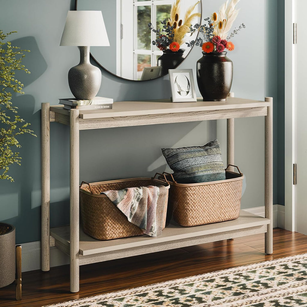 Bme Lyra Console Table, Pure Solid Wood with Oak Finish, Entryway and Hallway Living Room Table, 297 lbs Capacity, Adjustable Levelers, Easy Assembly, Large Open Shelf, Ideal for Any Space, Light Grey