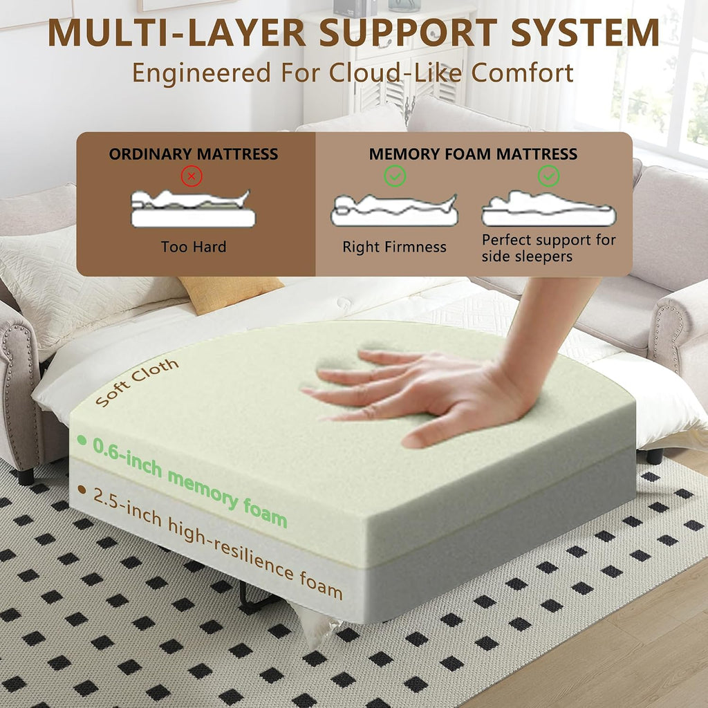 104'' Pull Out Couch, Convertible Sleeper Sofa Bed Queen, Upholstered Sectional Sofa with Mattress, 6-Seater L-Shaped Couch, Modern Sectional Couches for Living Room, Apartment, Studio, Beige