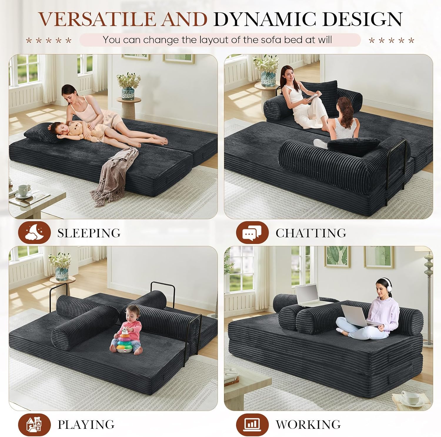 Antetek Modular Couch Bed, Convertible Folding Plush Corduroy Comfy Floor Compression Loveseat Sleeper Sofa Couch, King Size Bed for Guest Room Living Room Bedroom, No Assembly Required, Dark Grey