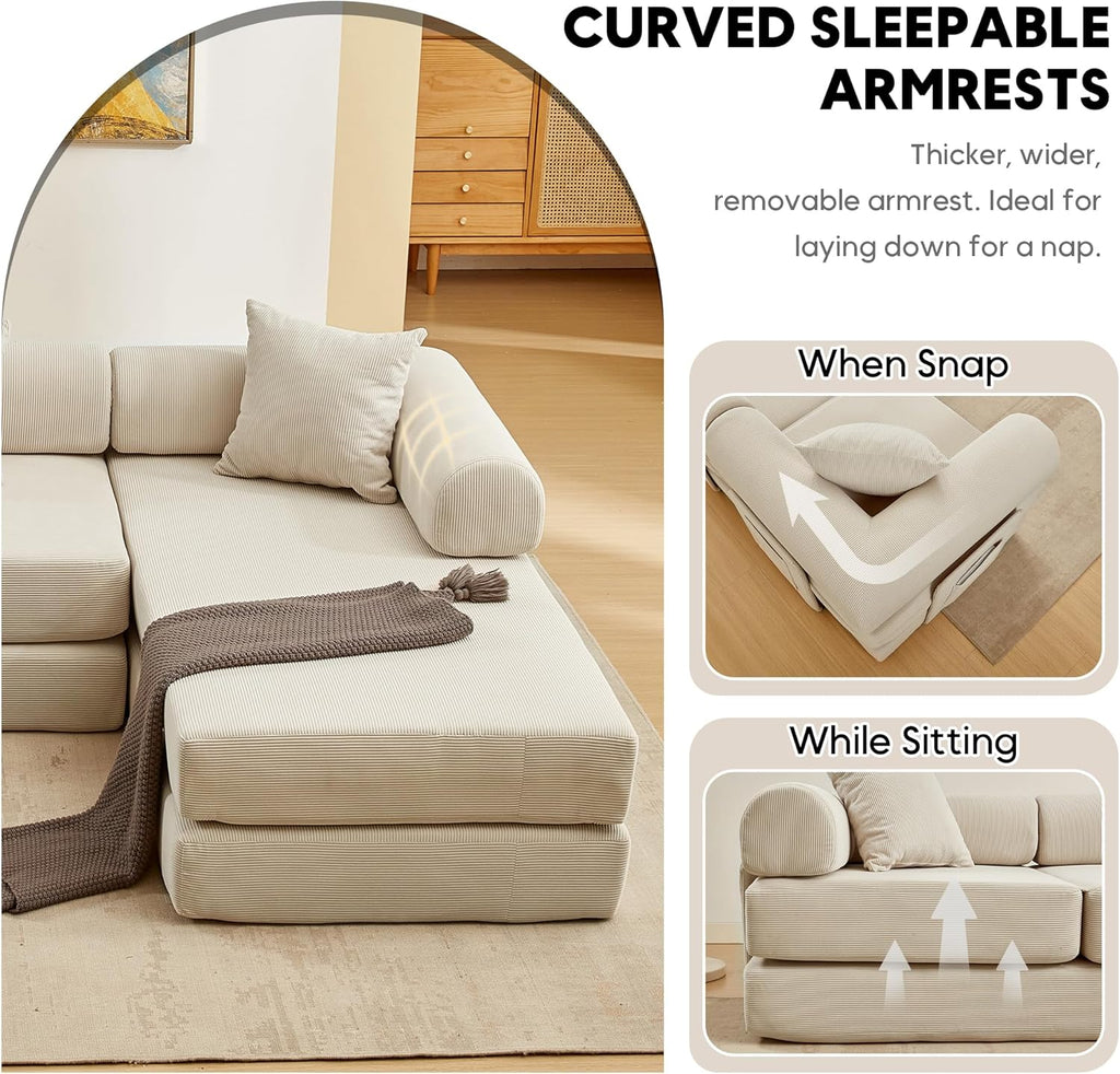 L Shaped Modular Sofa Bed with Cylindrical Pillow & Reversible Chaise, Corduroy Folding Floor Convertible Sofa Couch Bed with Fixed-Shape Frame & Storage Pocket for Living Room, Beige