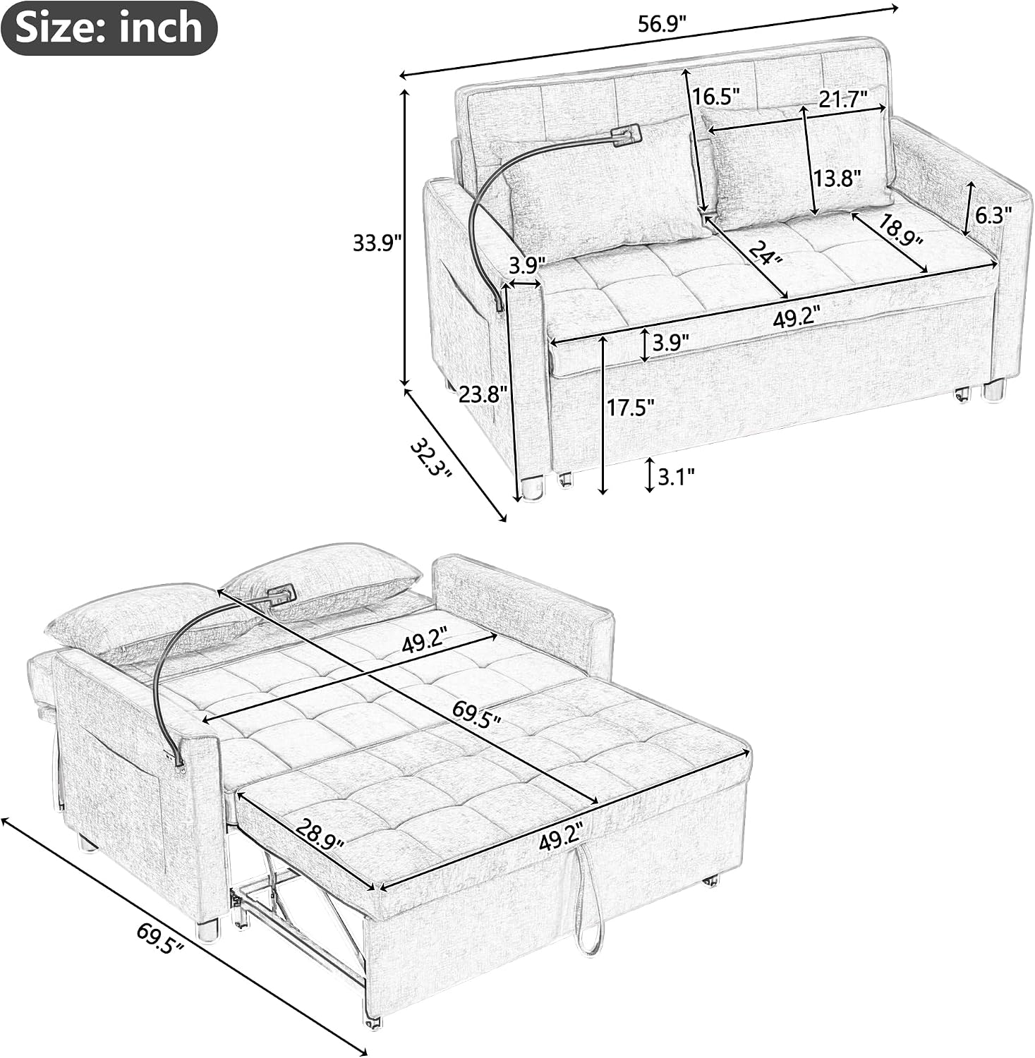 3 in 1 Convertible Sleeper Sofa Bed, 56.9' Small Pull Out Couch Bed with Adjustable Backrest, Chenille Loveseat Couches with Side Pocket, USB Ports&Phone Holder for Small Places (Beige)