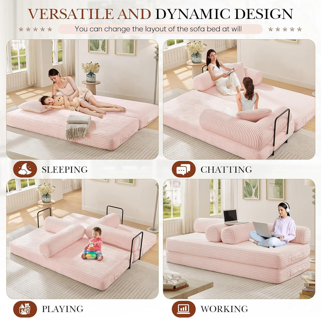 Modular Couch Bed, Convertible Folding Plush Corduroy Comfy Floor Memory Foam Compression Loveseat Sleeper Sofa Couch, King Size Bed for Guest Room Living Room Bedroom, No Assembly Required, Pink