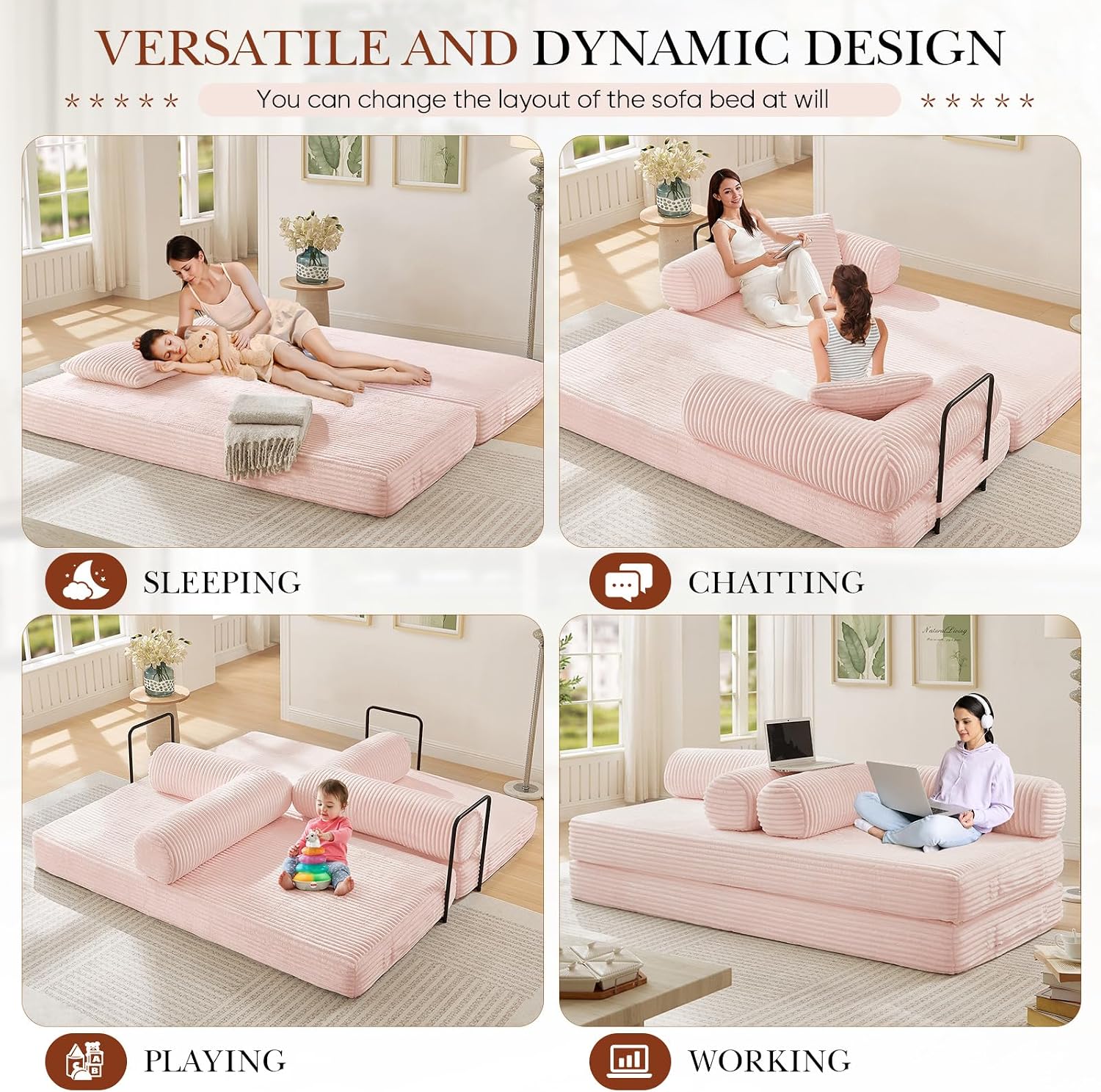 Modular Couch Bed, Convertible Folding Plush Corduroy Comfy Floor Memory Foam Compression Loveseat Sleeper Sofa Couch, King Size Bed for Guest Room Living Room Bedroom, No Assembly Required, Pink