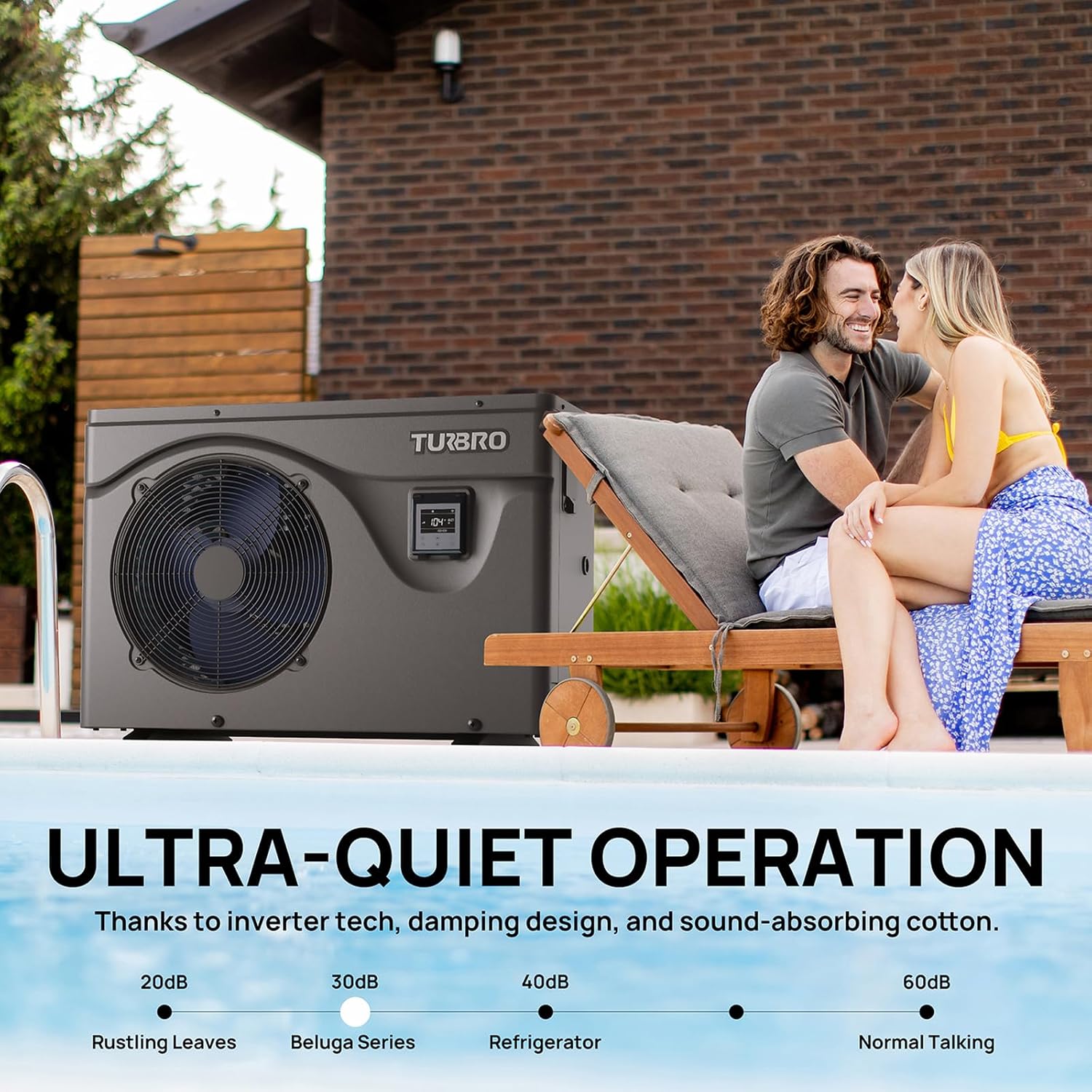 TURBRO 75,000 BTU Swimming Pool Heat Pump, Up to 21,000 Gallons, Inverter Electric Pool Heater for in and Above-Ground Pools, WiFi Enabled, 16.20 COP, 220-240 V, IPX4-Waterproof, Beluga B75V