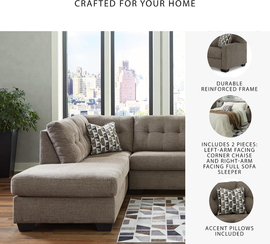 Signature Design by Ashley Mahoney Casual L-Shaped Tufted 2-Piece Sleeper Sectional with Chaise, Bi-Fold Memory Foam Mattress, Loose Seat Cushions and 2 Accent Pillows, Full, Dark Brown