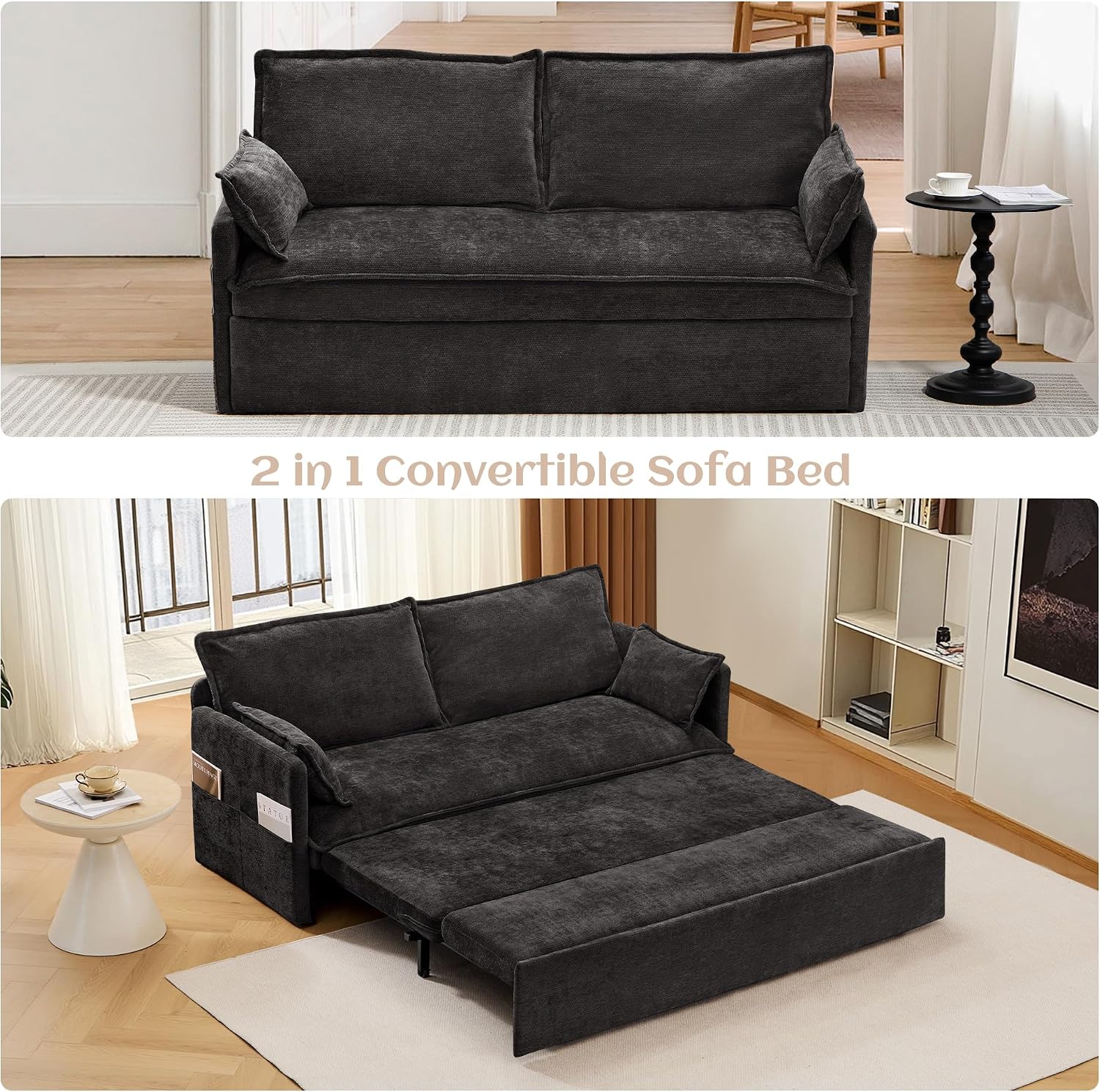 SUNWAVE 60' Queen Pull Out Sofa Bed - Convertible Sleeper Sofa Bed, Chenille Loveseat Pull Out Couch with USB Charging, Side Pockets for Living Room, Bedroom, Small Spaces(Ink, 60')