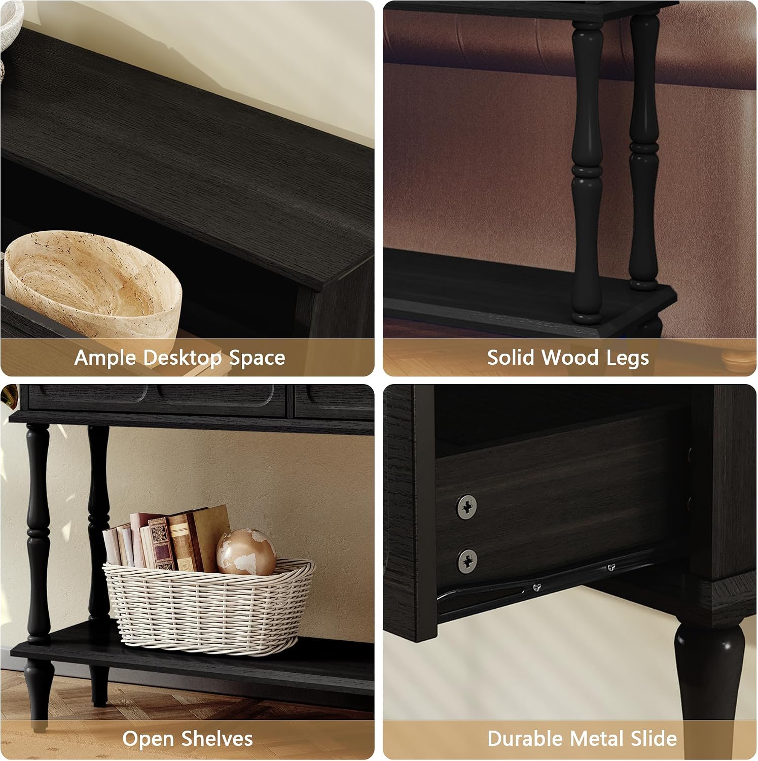 ARTPOWER Console Table with Drawers for Entryway, Mid-Century Entryway Table with Storage, Black Narrow Entryway Table with Open Shelf Behind Sofa for Living Room, Foyer, Hallway