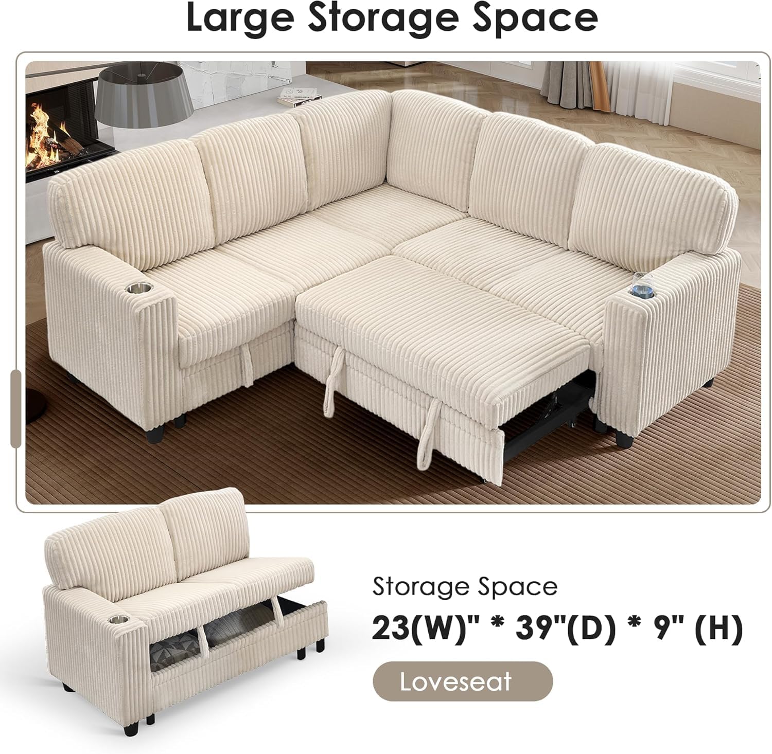 81' Modular Sectional Sofa, L Shaped 5-Seater Sleeper Sofa with Pull Out Bed, Hidden Storage, Cup Holders & USB Charging Ports, Sectional Couches for Living Room, Corduroy, Beige