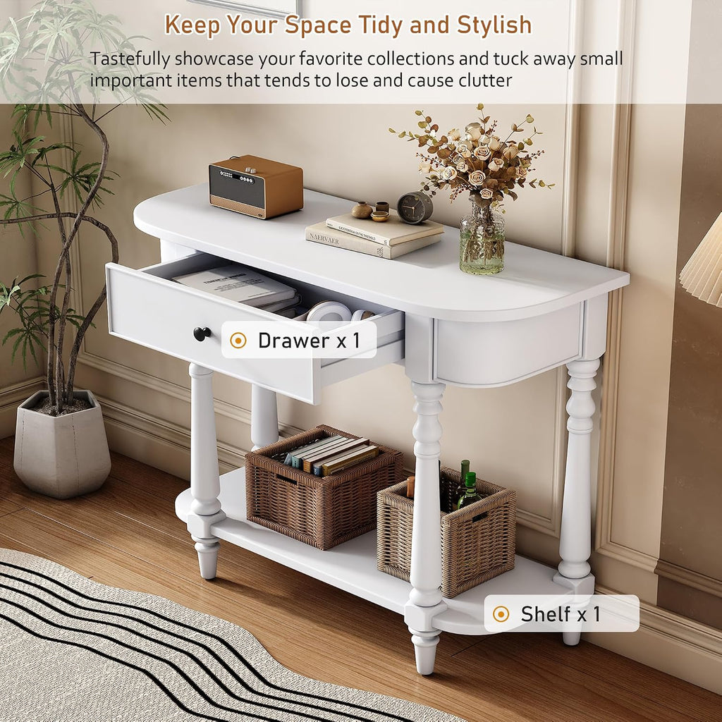 Small Curved Console Table 36-Inch Retro Farmhouse Wood Entry Sofa Table with Drawer & Storage Shelf for Living Room Hallway Entryway Furniture, White