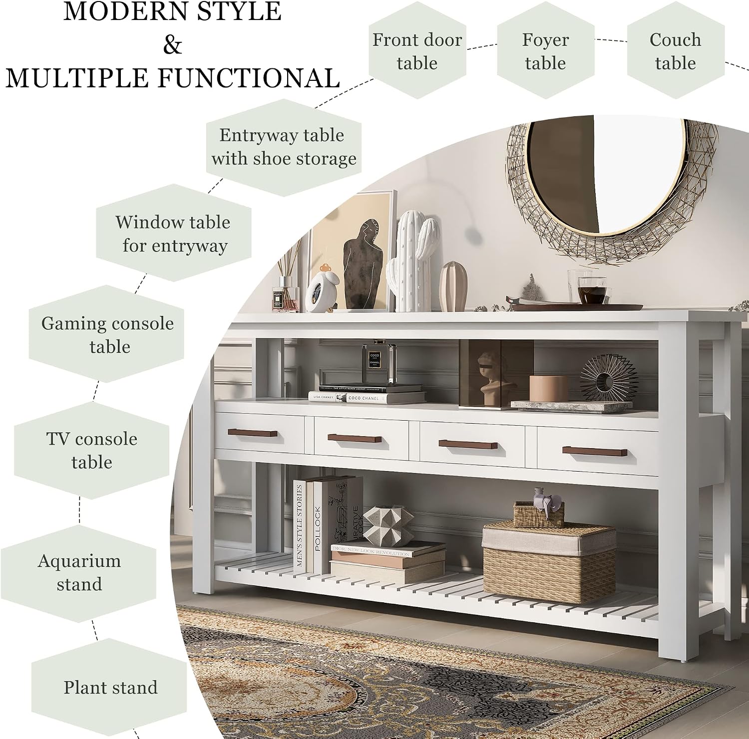 LKTART Console Table for Entryway with 4 Drawers,61.5'' Long Sofa Table with 3-Tier Open Shelves,Entry Table for Hallway,Foyer,Living Room,White