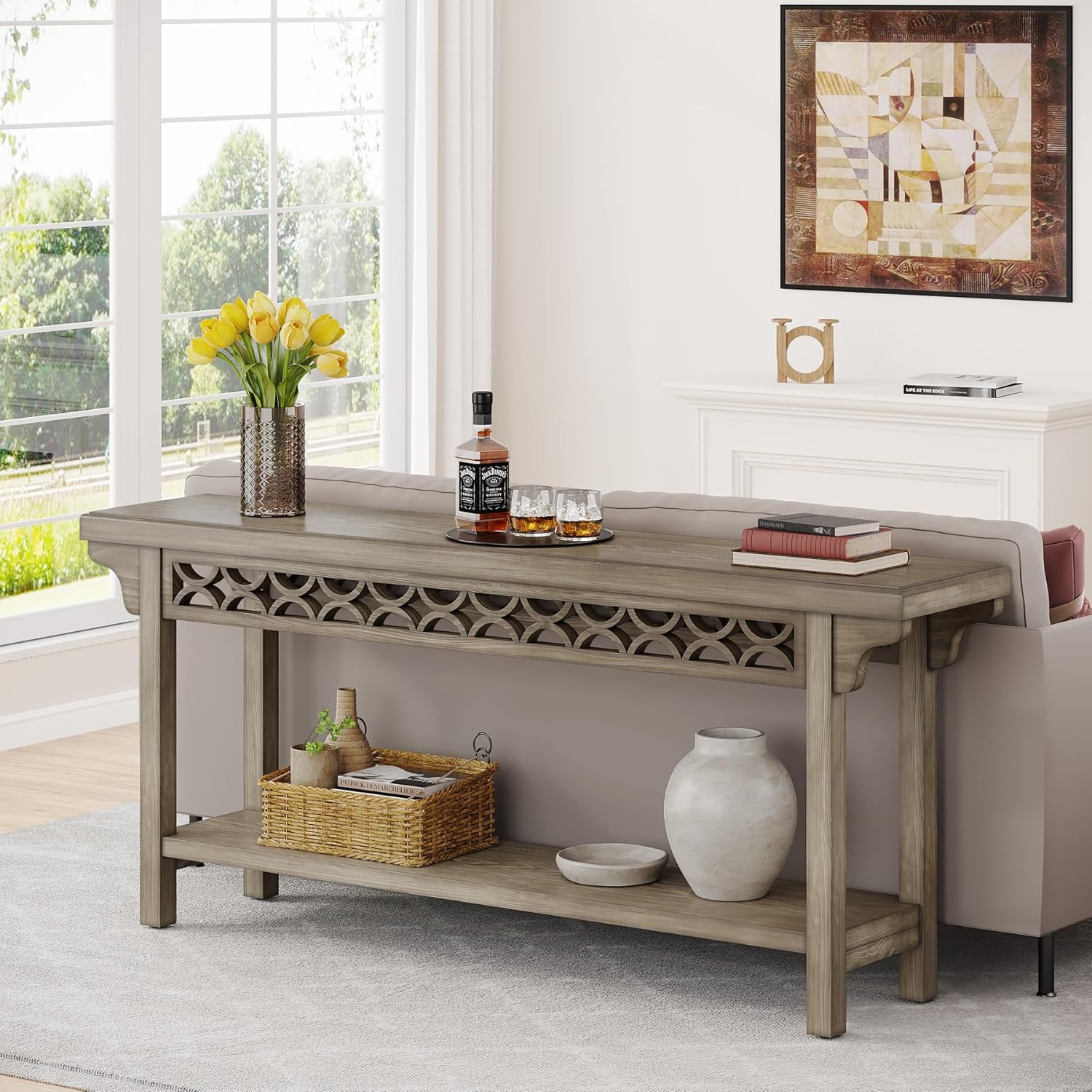Tribesigns 70.8-Inch Solid Wood Long Console Table, Farmhouse Entryway Table with Storage, Narrow Sofa Table Grey Couch Table for Living Room Entryway Hallway (Gray)