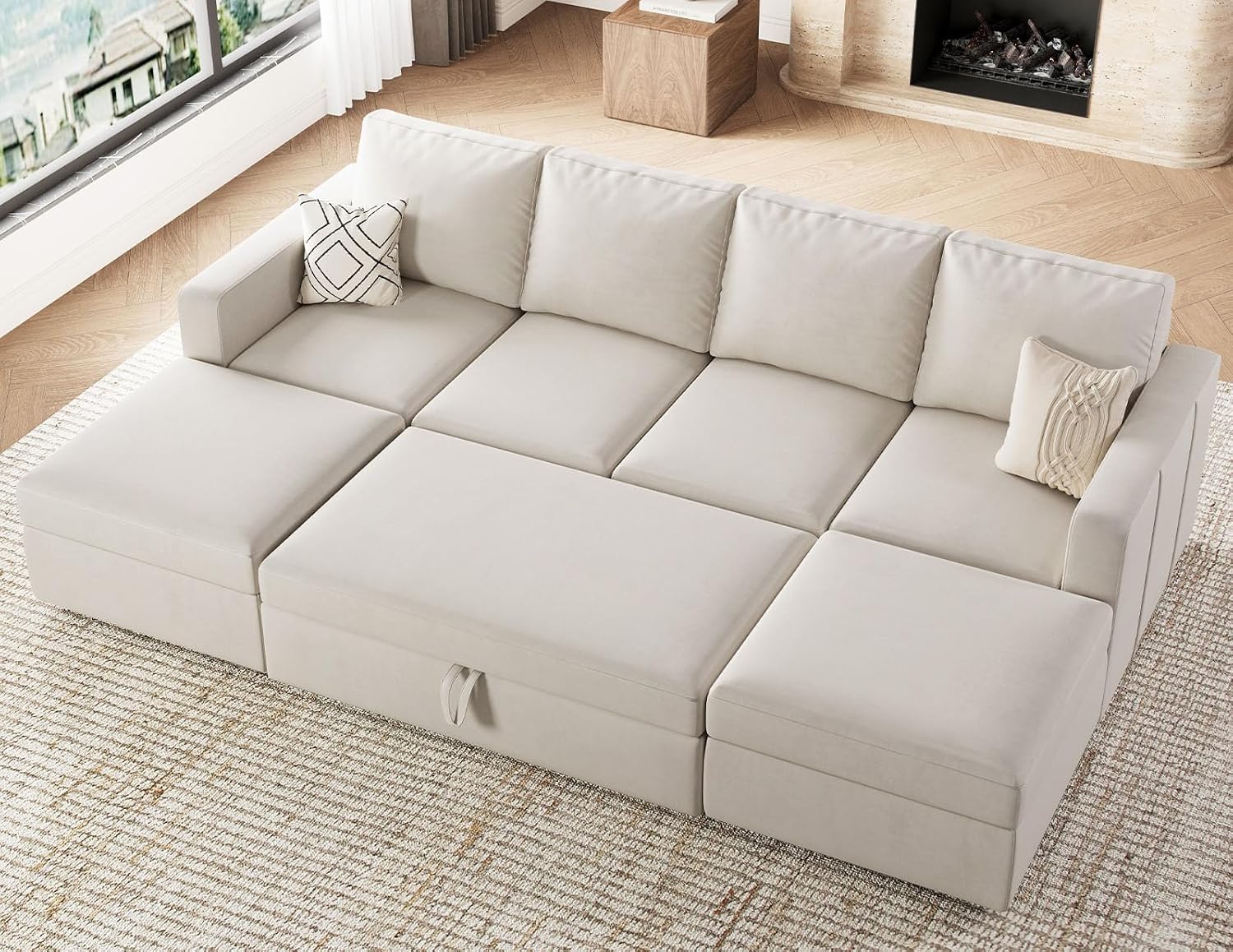 Belffin Modular Sectional Sleeper Sofa Bed with Pull Out Couch, U Shaped Sleeper Pull Out Bed, Convertible Sectional Couches for Living Room, Beige