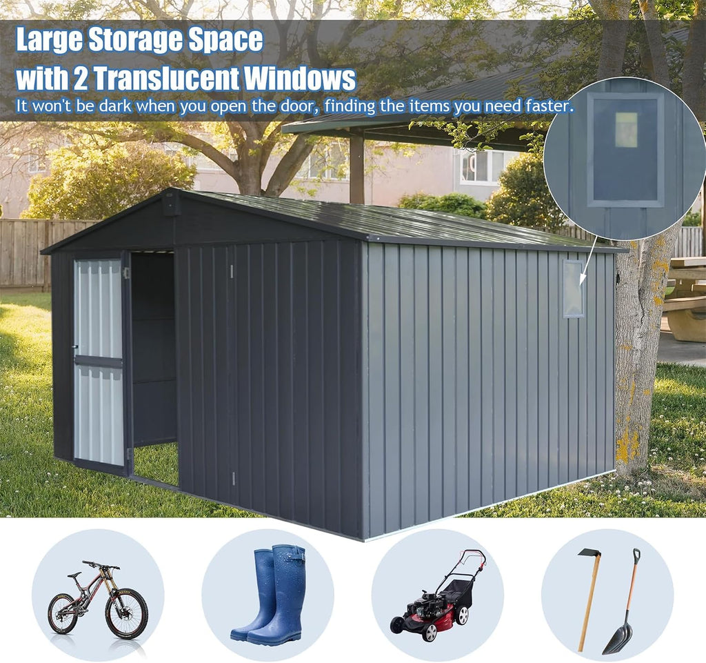 11x9FT Outdoor Storage Shed, with Sloping Roof Galvanized, Latches and Lockable Door, Steel Frame Garden Shed Metal Utility Tool Storage Room for Balcony