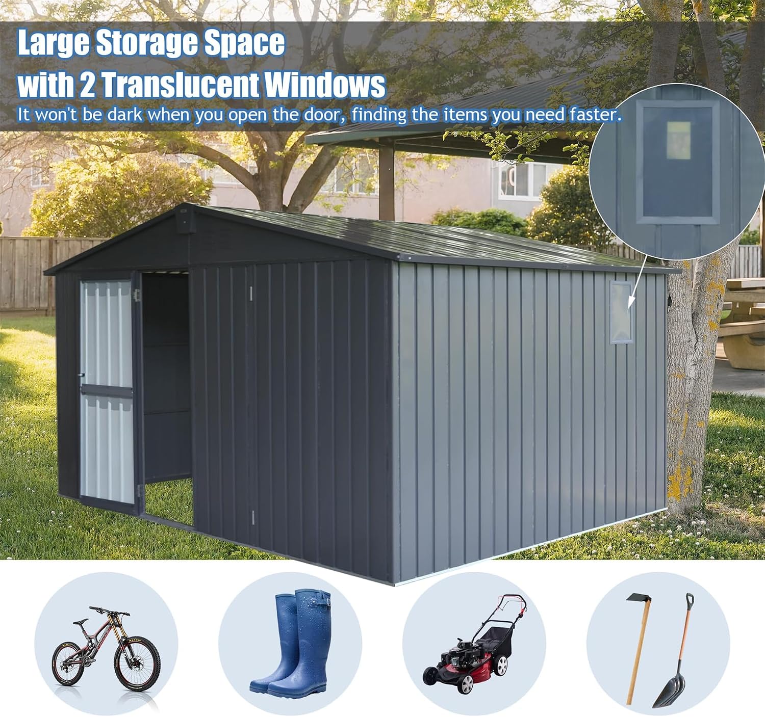 11x9FT Outdoor Storage Shed, with Sloping Roof Galvanized, Latches and Lockable Door, Steel Frame Garden Shed Metal Utility Tool Storage Room for Balcony
