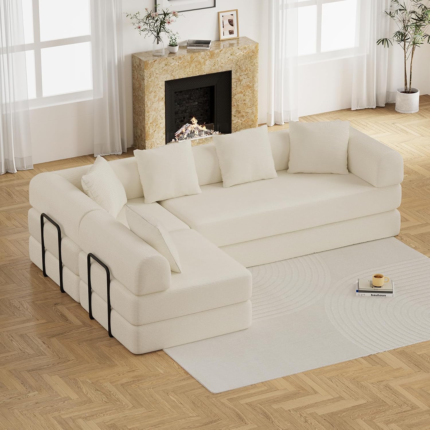 DAMAIFROM Convertible Sleeper Sofa Bed with Cylindrical Pillow,Corduroy Folding Mattress Couch with Fixed-Shape Frame,Modular Floor Sofa Lounge Couch for Living Room Bedroom Lounge,158.6',Beige White