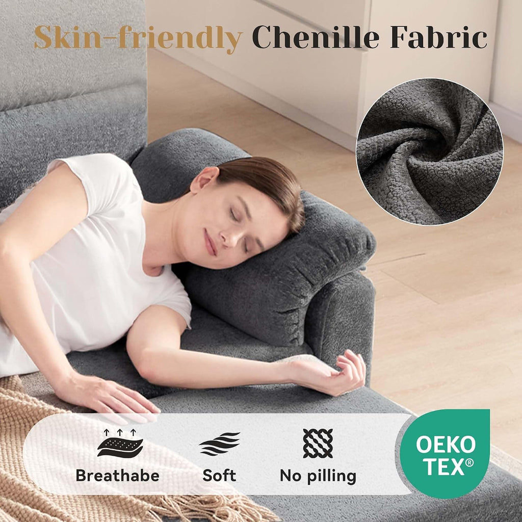 Tbfit 84'' Pull Out Sofa, 3 in 1 Sleeper Sofa Couch with USB & Storage Chaise, Cloud Sofa Bed with Pull Out Bed, Chenille Convertible Sleeper Sofas for Living Room, Small Spaces, Dark Gray
