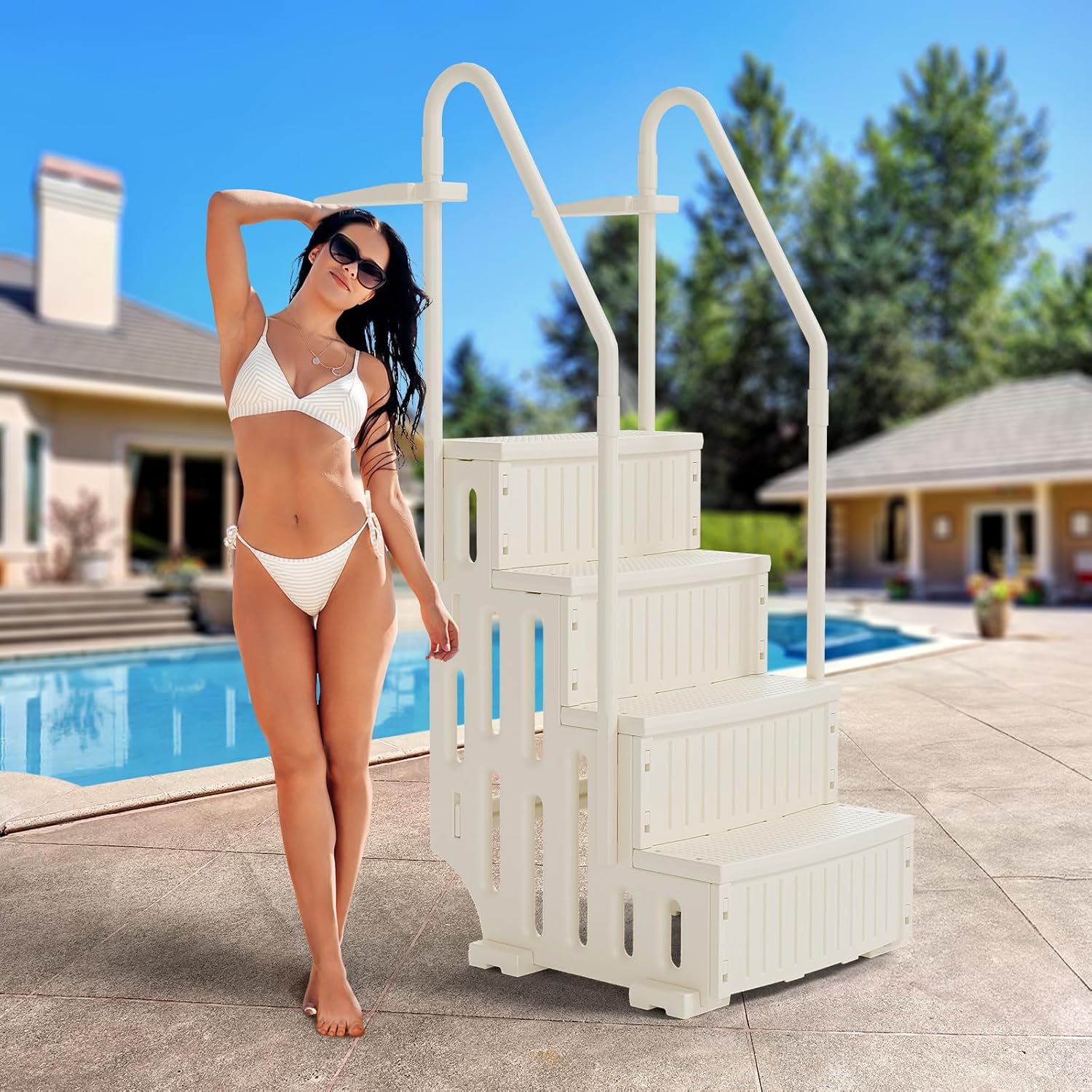 VINGLI Pool Ladder Heavy-Duty Safety Step for Above Ground Pools Stair Entry System with Handrails, Beige (Full Beige, 4 Steps)
