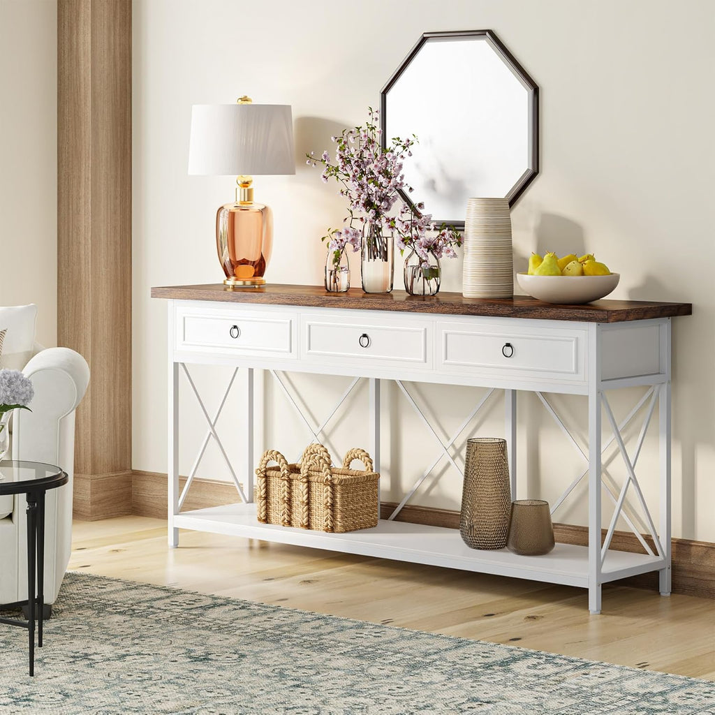 Tribesigns 70.8' Console Table with 3 Drawers, Farmhouse Entryway Table with Storage Shelf, Narrow Long Sofa Foyer Table for Entryway, Hallway (White/Brown)