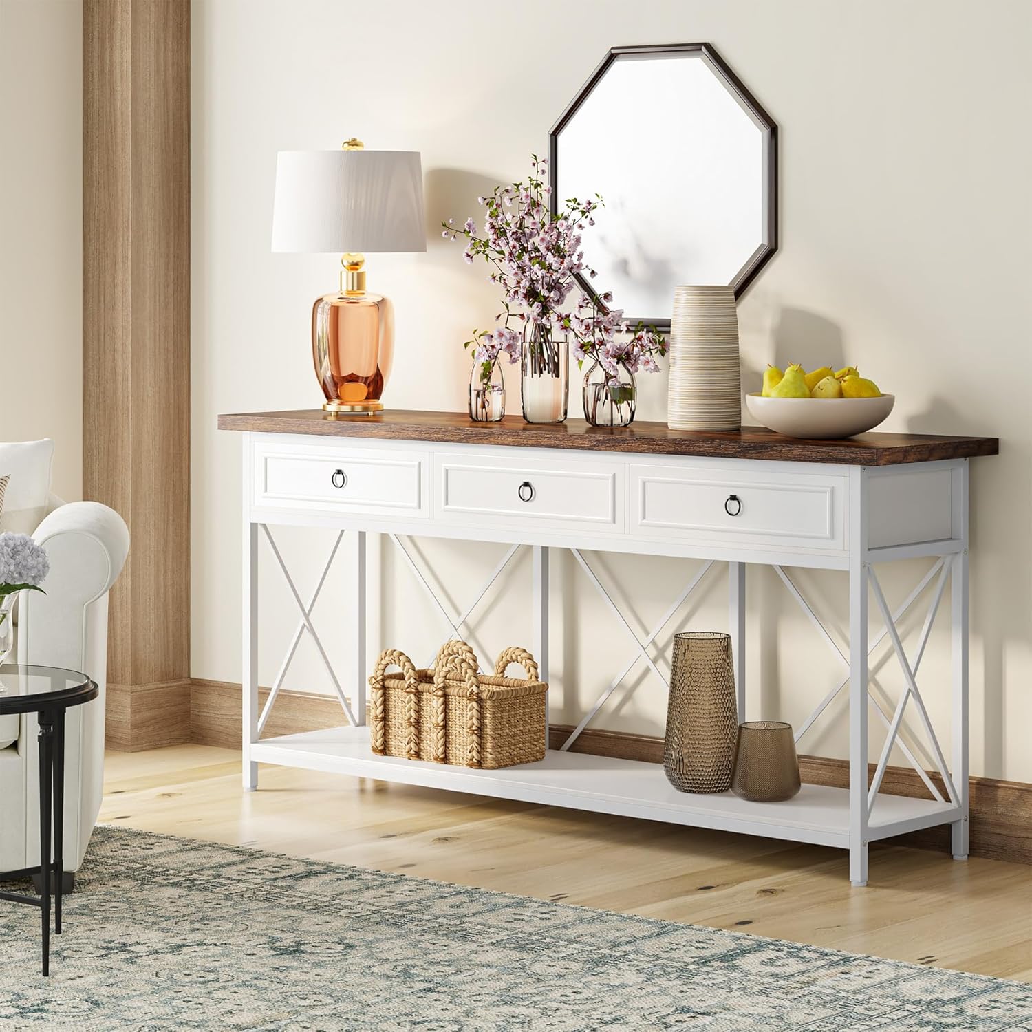 Tribesigns 70.8' Console Table with 3 Drawers, Farmhouse Entryway Table with Storage Shelf, Narrow Long Sofa Foyer Table for Entryway, Hallway (White/Brown)