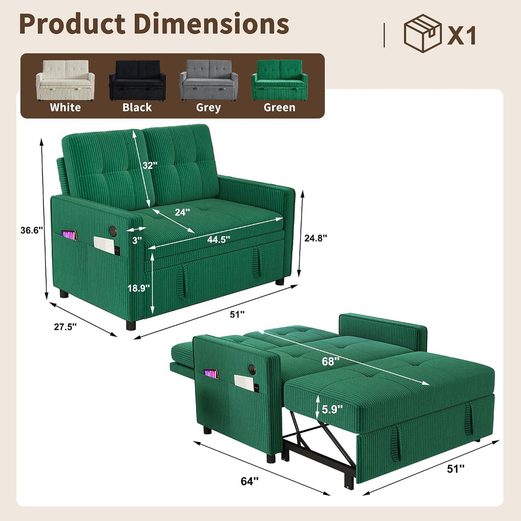 3 in 1 Convertible Sleeper Sofa Bed, Pull Out Couch with Charging Station, Corduroy Small Loveseat Sleeper Sofa with Adjustable Backrest for Apartment, Bedroom, Small Space（Green）