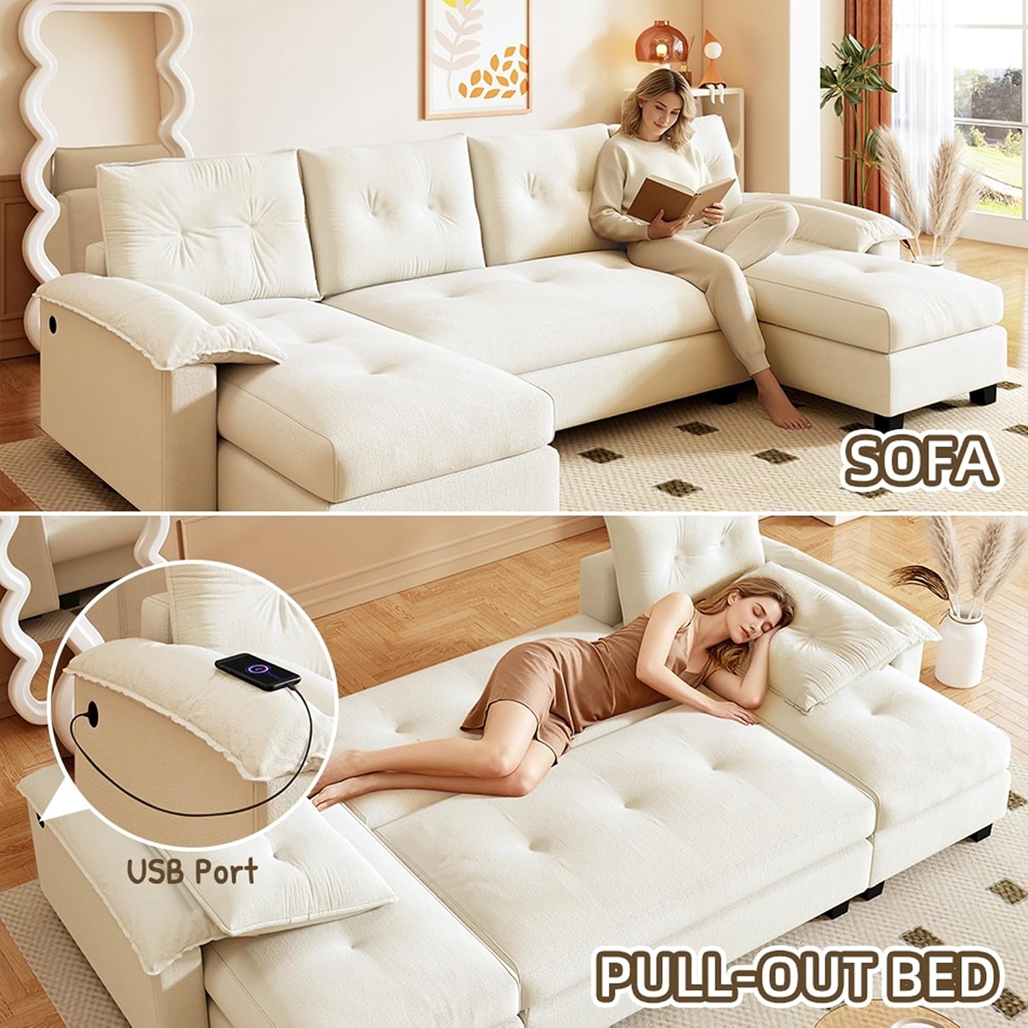 104.7' U-Shaped Sleeper Sofa with Pull Out Bed, 2 in 1 Convertible Couch Bed with Removable Armrests & USB Ports, Oversized Sectional Modular with Chaise Lounge for Living Room/Apartment