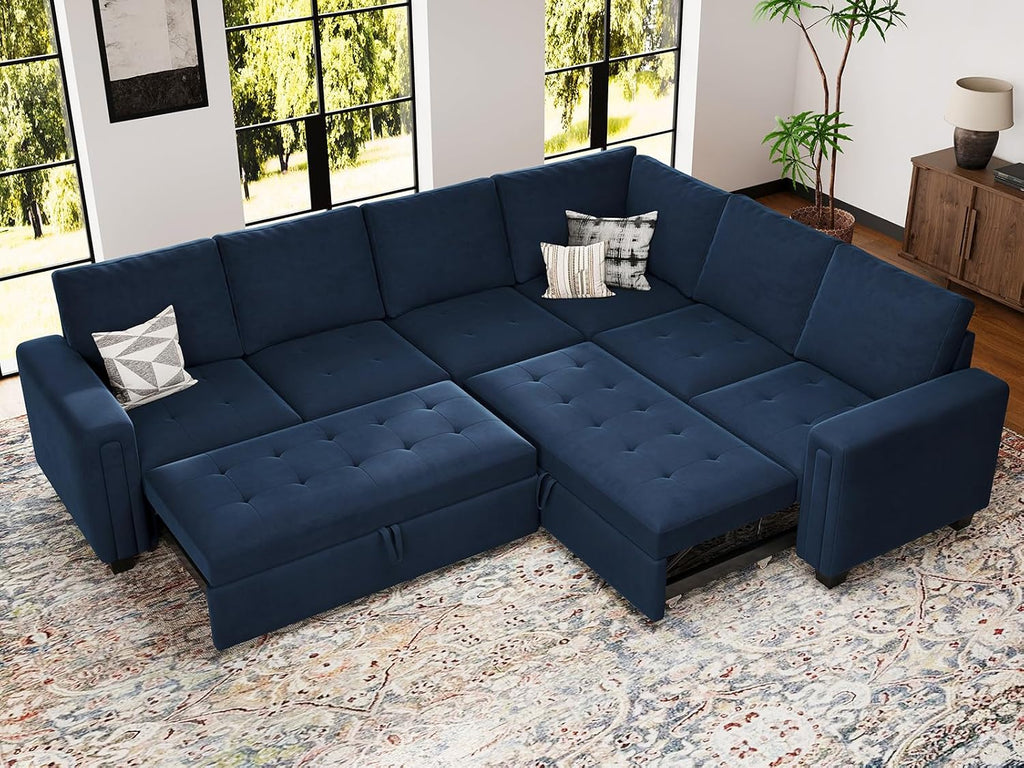 Belffin Oversized Modular Sectional Sleeper Sofa with Pull Out Couch Bed Velvet Convertible L Shaped Couch Sleeper Sofa Bed Modular Sectional Couches for Living Room Blue