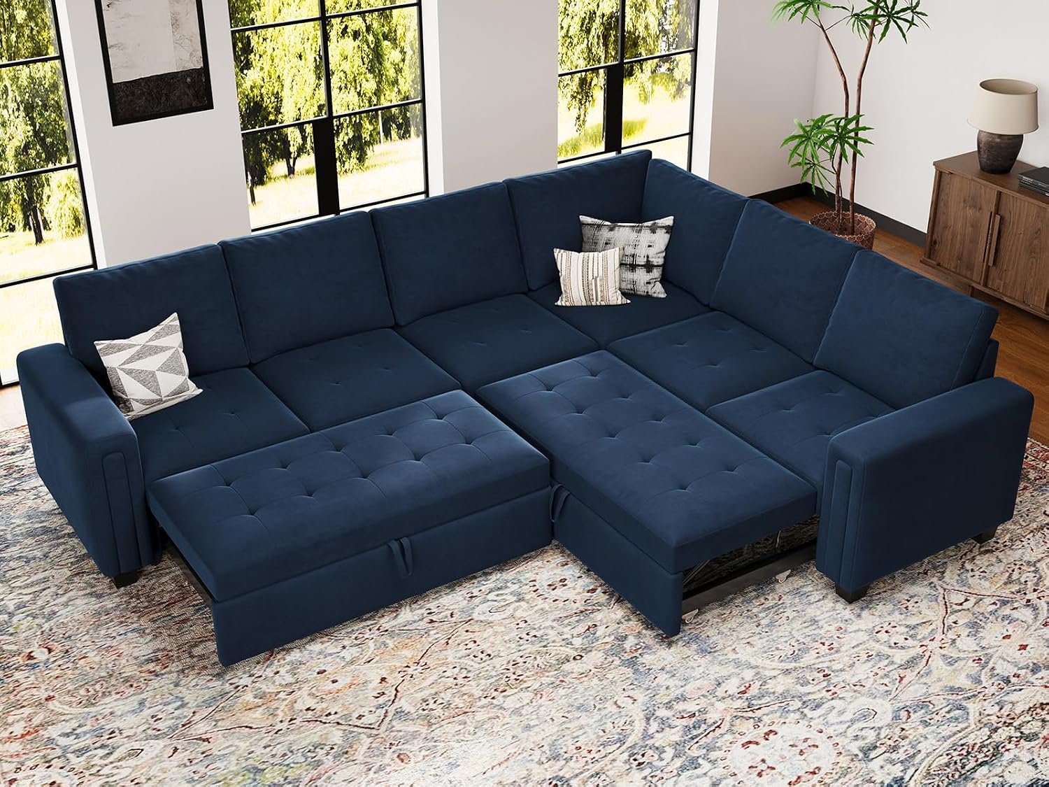 Belffin Oversized Modular Sectional Sleeper Sofa with Pull Out Couch Bed Velvet Convertible L Shaped Couch Sleeper Sofa Bed Modular Sectional Couches for Living Room Blue