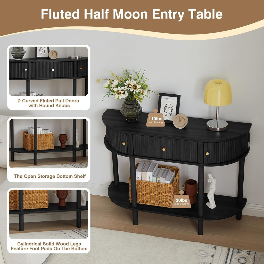 XUZENEST 43.3' Fluted Half Moon Console Table, Modern Entryway Console Sofa Table with Storage, Narrow Wood Accent Tables Behind Couch Tables for Living Room, Hallway, Foyer(Black)