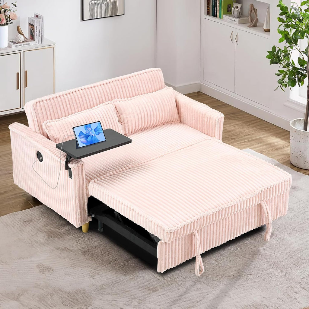 54'W Convertible Sleeper Sofa Bed,3-In-1 Corduroy Pull Out Couch Bed,Futon Loveseat Sleeper Couch with Adjustable Backrest & USB Ports & Side Table,Recliner for Living Room/Office/Small Space(Pink)