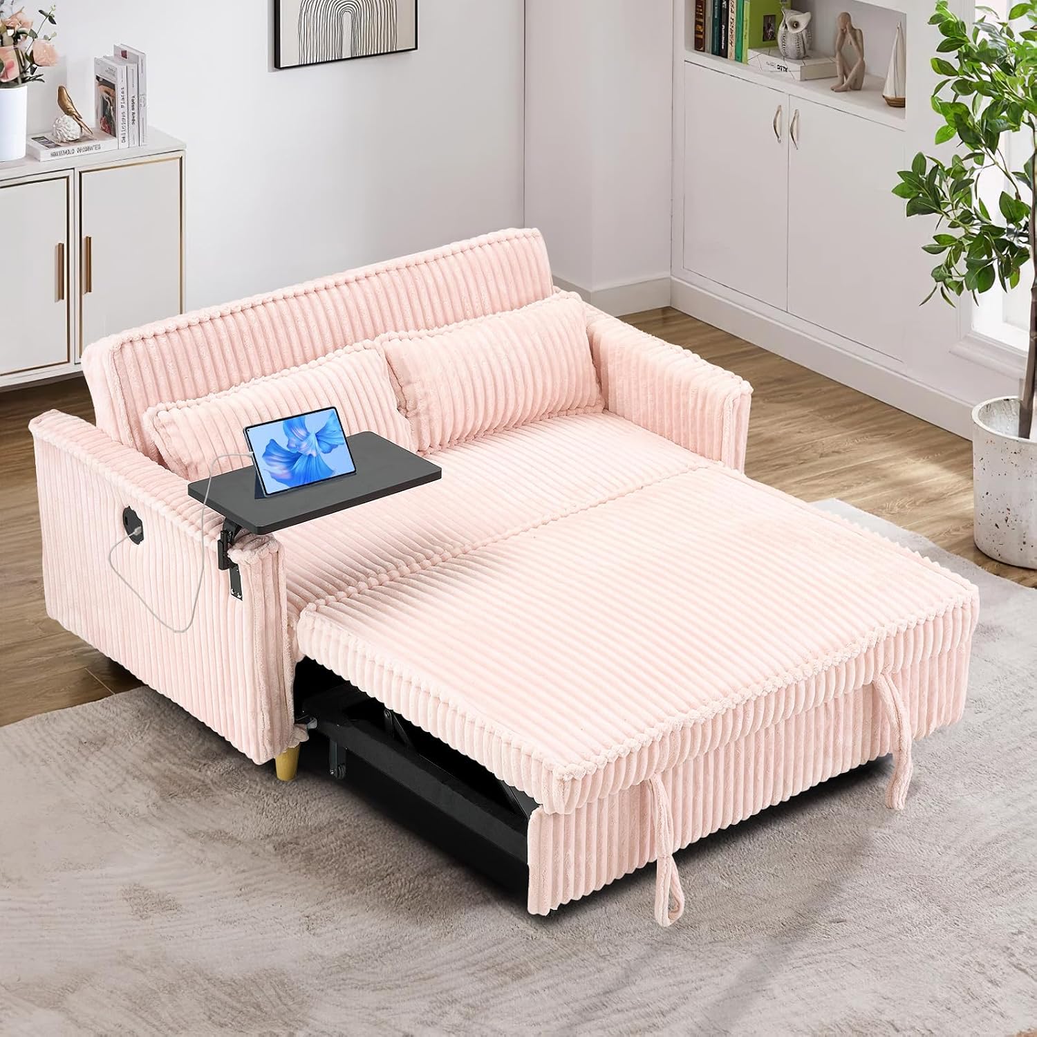 54'W Convertible Sleeper Sofa Bed,3-In-1 Corduroy Pull Out Couch Bed,Futon Loveseat Sleeper Couch with Adjustable Backrest & USB Ports & Side Table,Recliner for Living Room/Office/Small Space(Pink)