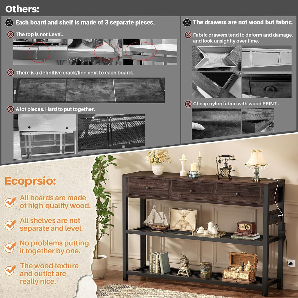 Ecoprsio 47'' Entryway Table with Outlets and USB Ports, Console Table with 3 Drawers, Sofa Table Narrow Long with Storage Shelves for Living Room, Couch, Hallway, Foyer, Black Walnut Finish