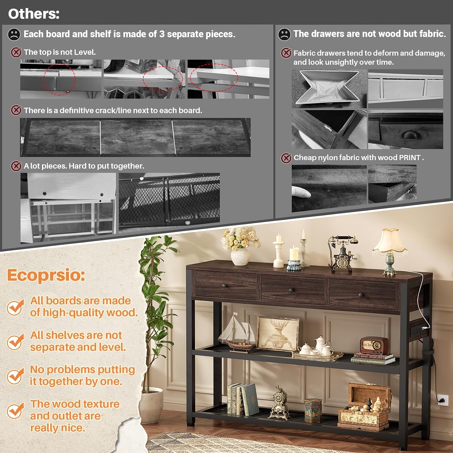 Ecoprsio 47'' Entryway Table with Outlets and USB Ports, Console Table with 3 Drawers, Sofa Table Narrow Long with Storage Shelves for Living Room, Couch, Hallway, Foyer, Black Walnut Finish