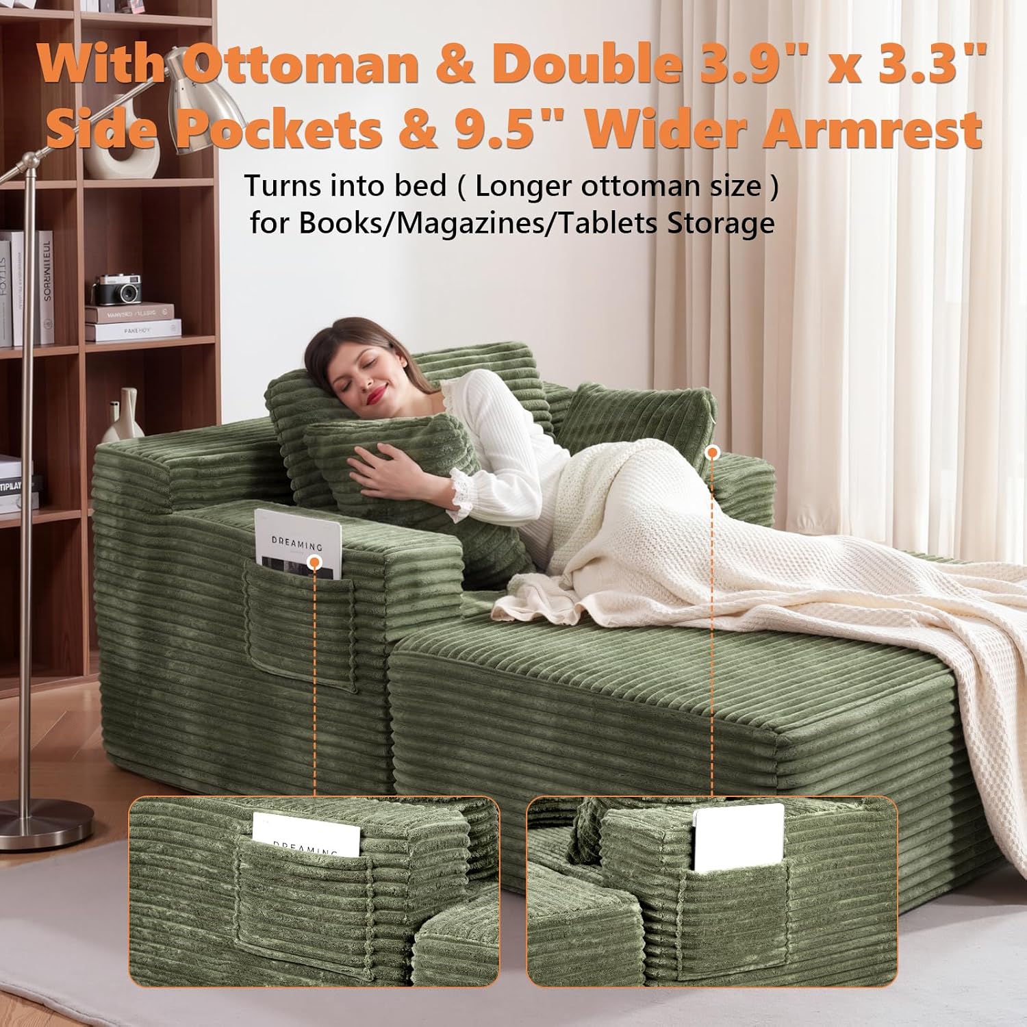 67' Oversized Chaise Lounge Chair Indoor with Ottoman and Double Side Pockets, Corduroy Deep Seat Couch, Boneless Couches for Living Room, No Assembly, Green
