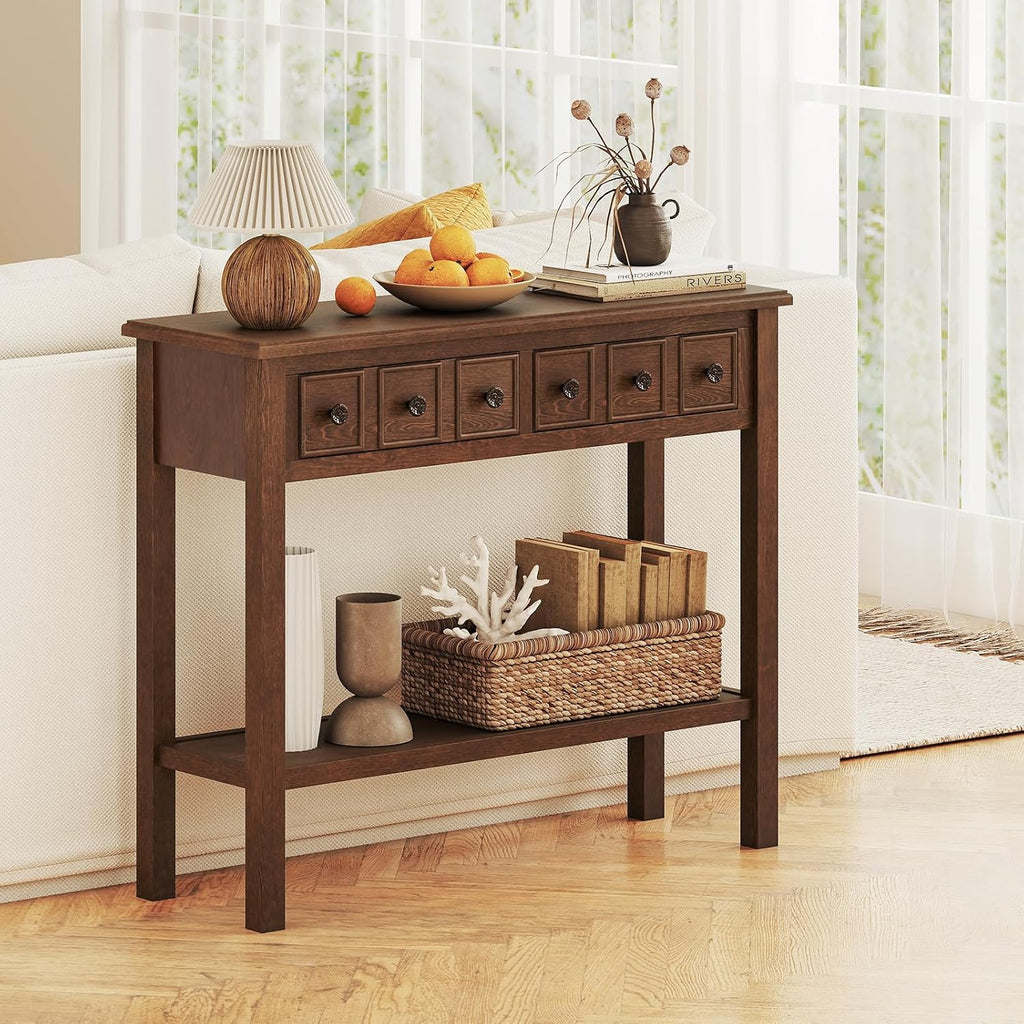 Giantex 2-Tier Narrow Console Table, 38' Retro Entryway Table with 2 Drawers and Open Storage Shelf, Wood Accent Sofa Tables for Living Room, Foyer, Hallway, Bedroom, Entrance