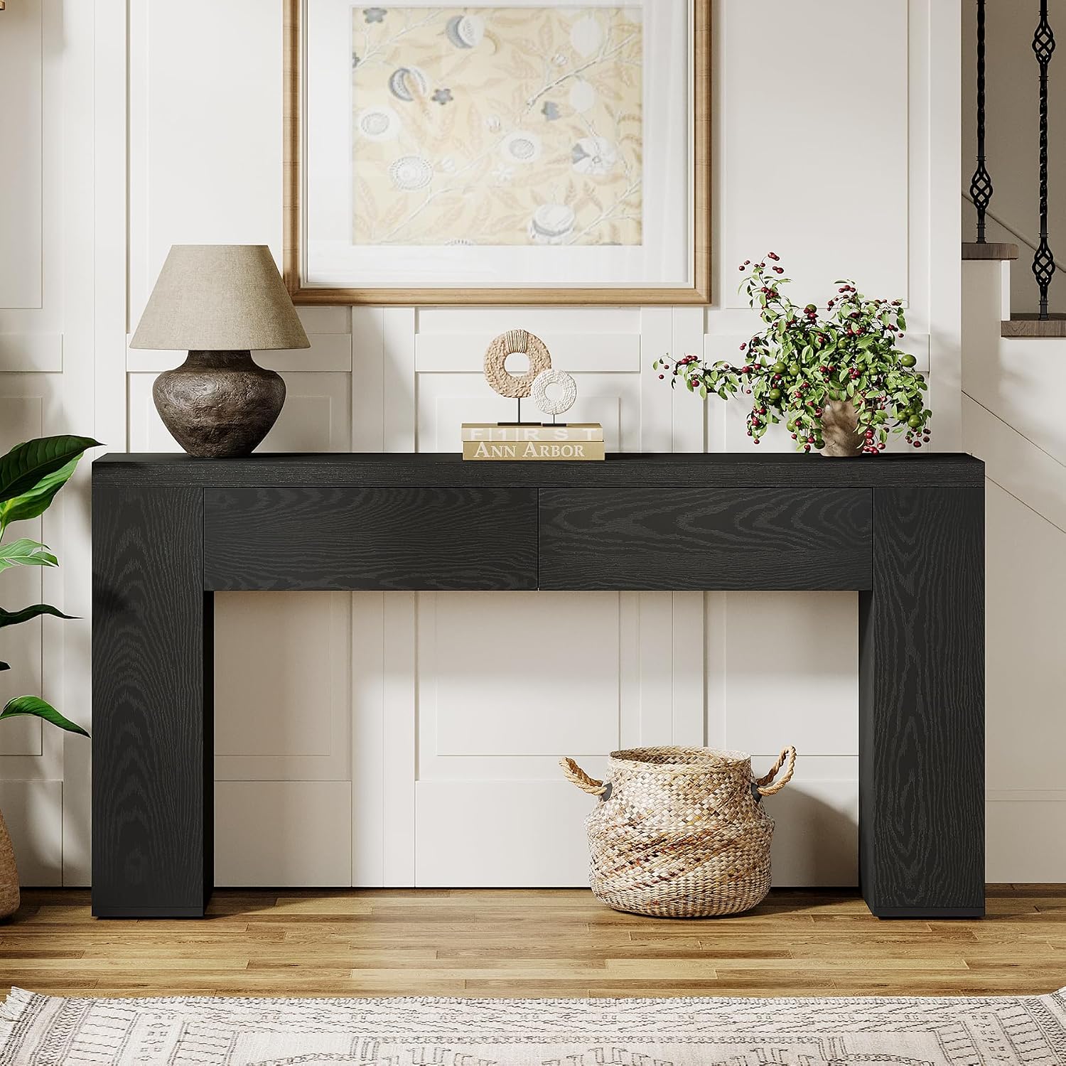 Tribesigns 63-Inch Wooden Foyer Table with with 2 Hidden Drawers, Farmhouse Console Table for Living Room, Hallway, Entrance, Easy Assembly (Black)