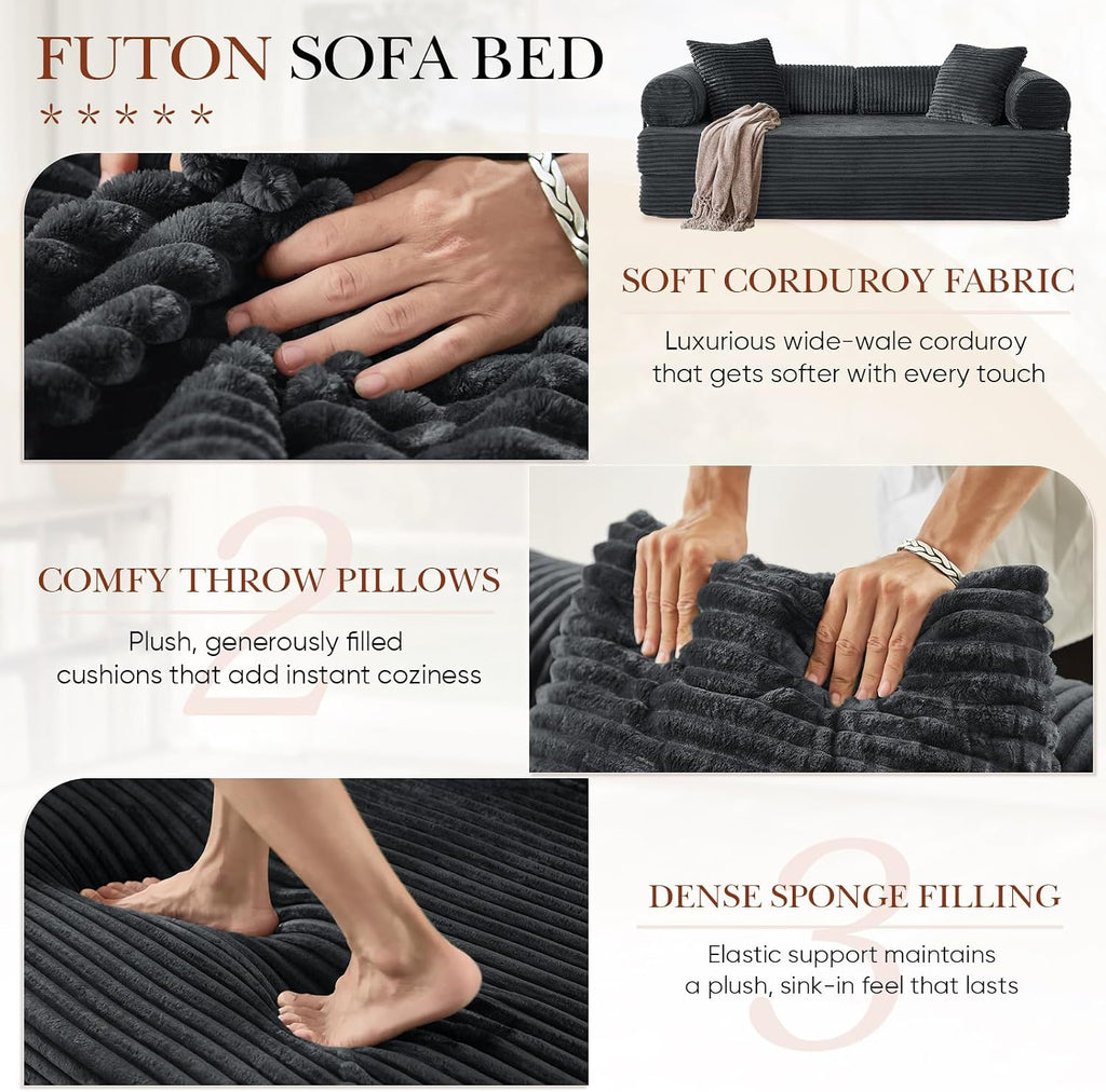 Antetek Modular Couch Bed, Convertible Folding Plush Corduroy Comfy Floor Compression Loveseat Sleeper Sofa Couch, King Size Bed for Guest Room Living Room Bedroom, No Assembly Required, Dark Grey