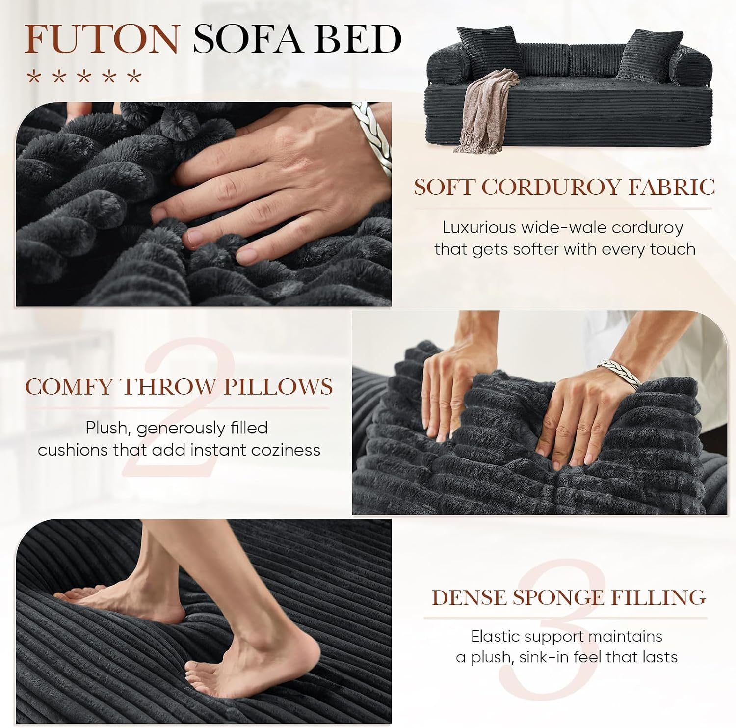 Antetek Modular Couch Bed, Convertible Folding Plush Corduroy Comfy Floor Compression Loveseat Sleeper Sofa Couch, King Size Bed for Guest Room Living Room Bedroom, No Assembly Required, Dark Grey
