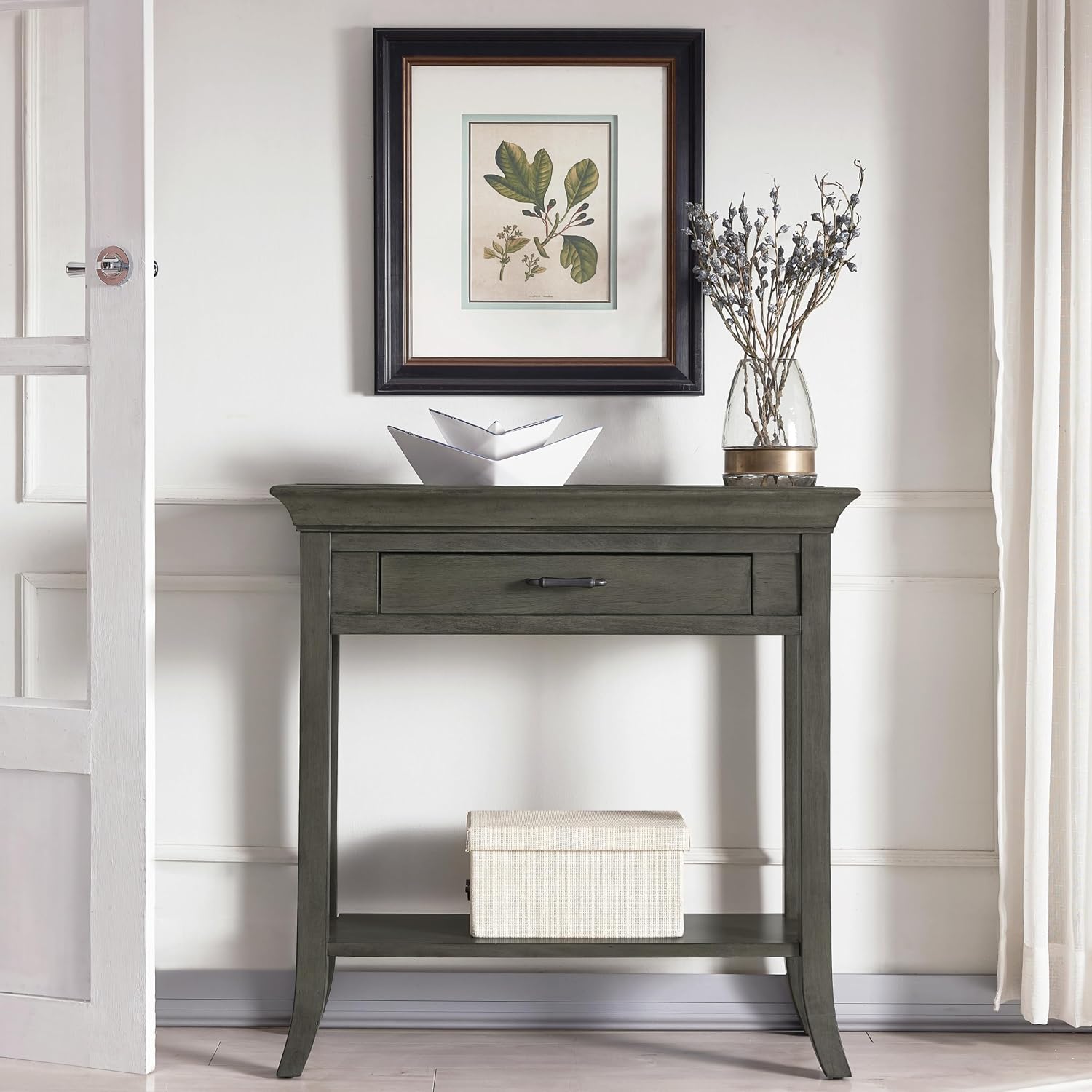 Topol Tray Edge Solid Wood Console Table with Drawer and Shelf, Smoke Gray Wash, Perfect for Entryways, Hallways, and Living Rooms – Leick Home, 10127-GR